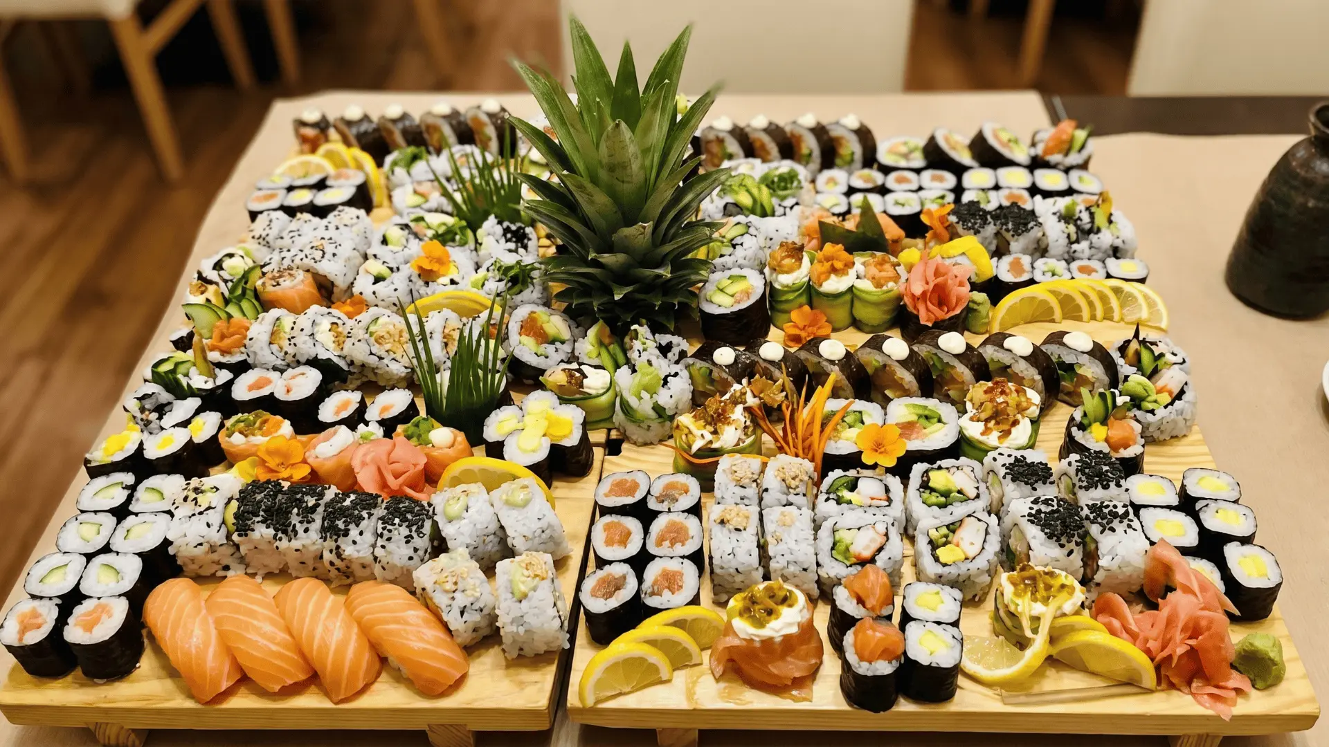 A sushi board with assorted sushi rolls lined in rows, served with soy sauce, wasabi, and pickled ginger in small bowls for easy snacking.