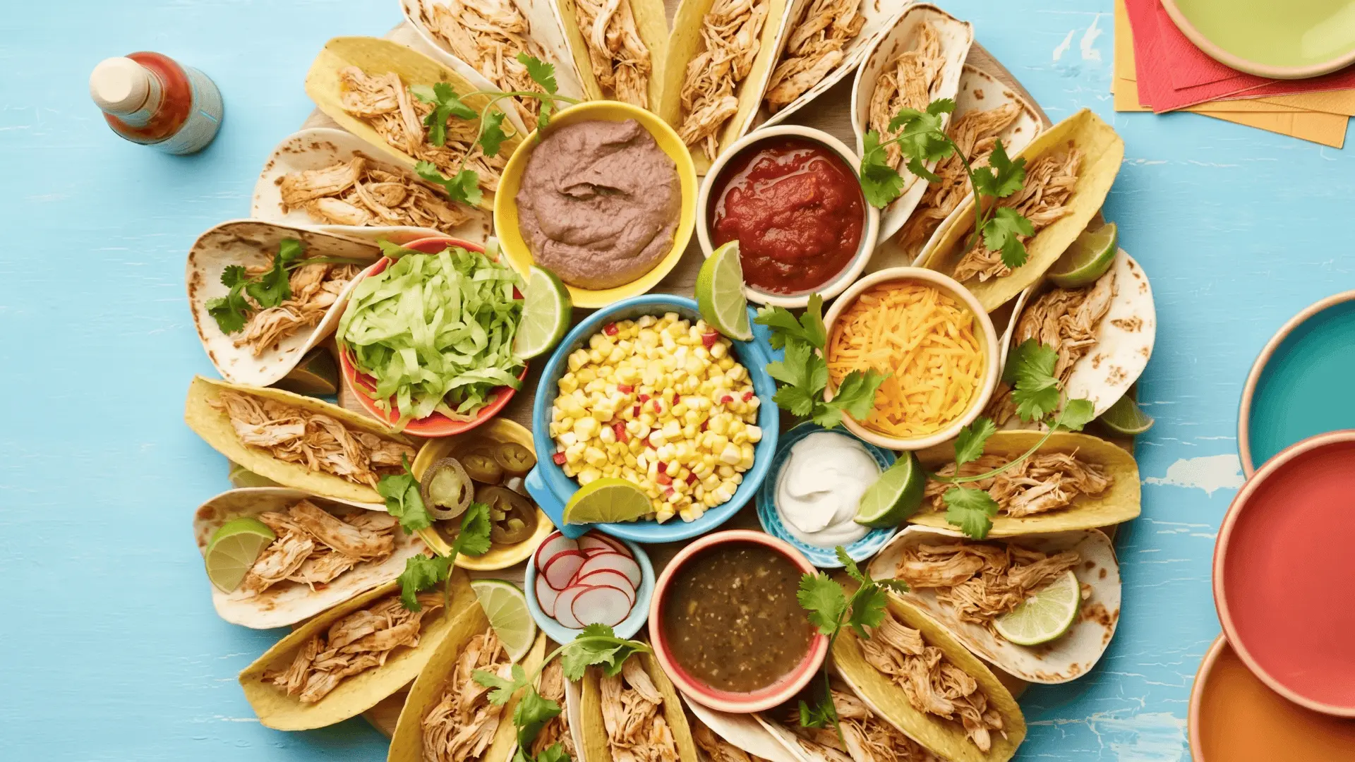 A taco board with soft and hard shells, beans, meat, grilled vegetables, salsa, sour cream, cheese, chopped toppings, and lime wedges for building custom tacos.
