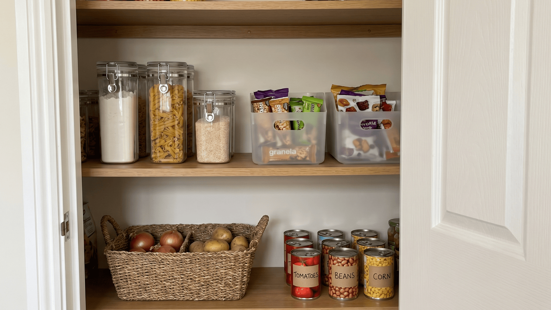 a tidy home pantry with labeled jars, airtight containers, snack bins, a basket of onions and potatoes, and grouped cans on plain shelves (1)