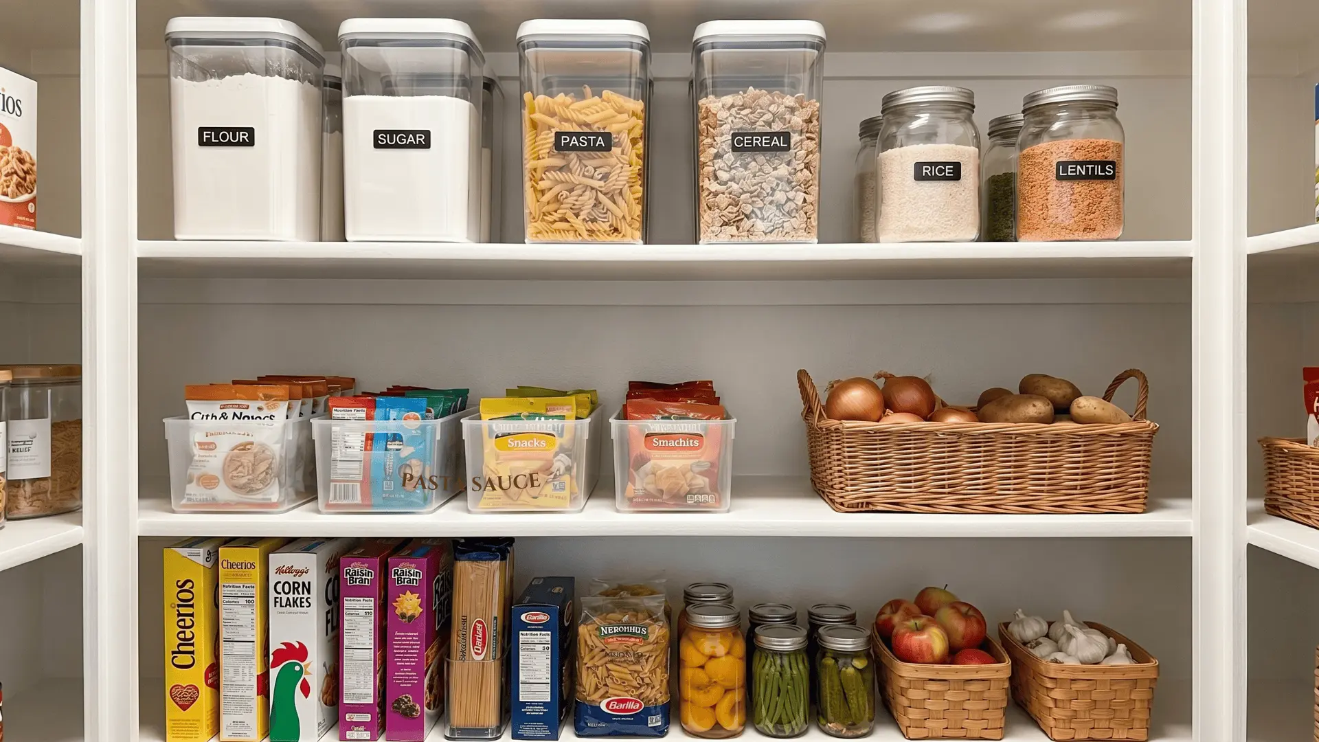 a tidy home pantry with labeled jars, airtight containers, snack bins, a basket of onions and potatoes, and grouped cans on plain shelves