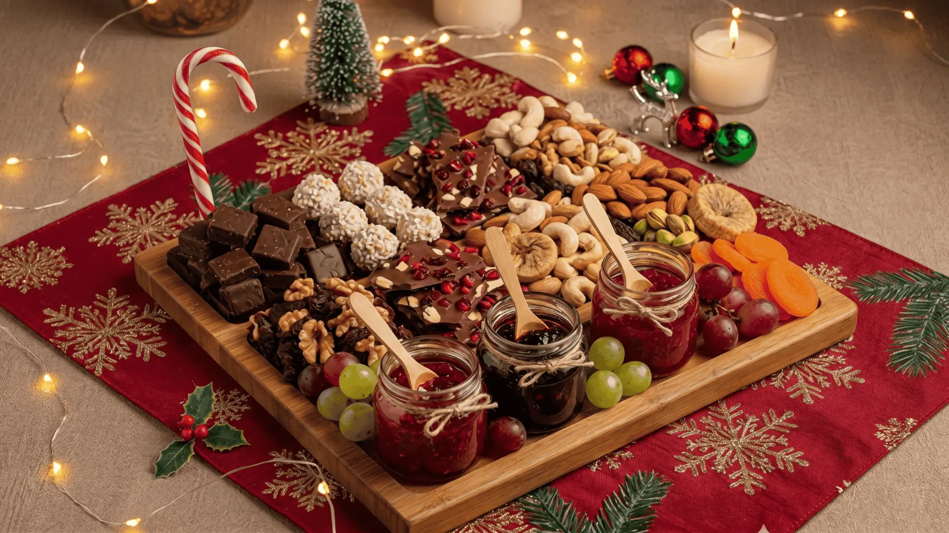 A vibrant board with sweets, snacks, and dry fruits, neatly arranged with a mix of textures for festive gatherings.