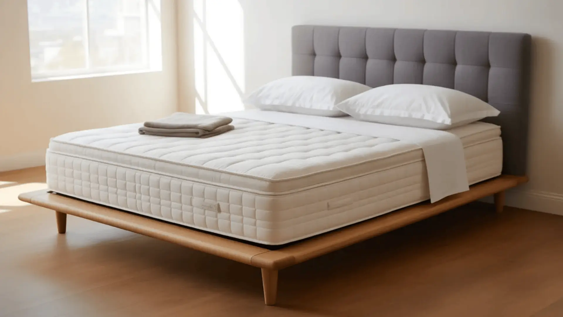 _A white quilted mattress on a wooden bed frame with a grey upholstered headboard, two pillows, and a folded blanket.