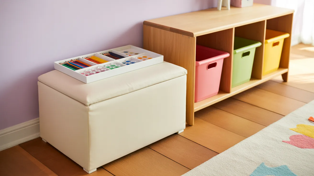 A white storage ottoman and wooden storage bench with toy bins in a kids' playroom