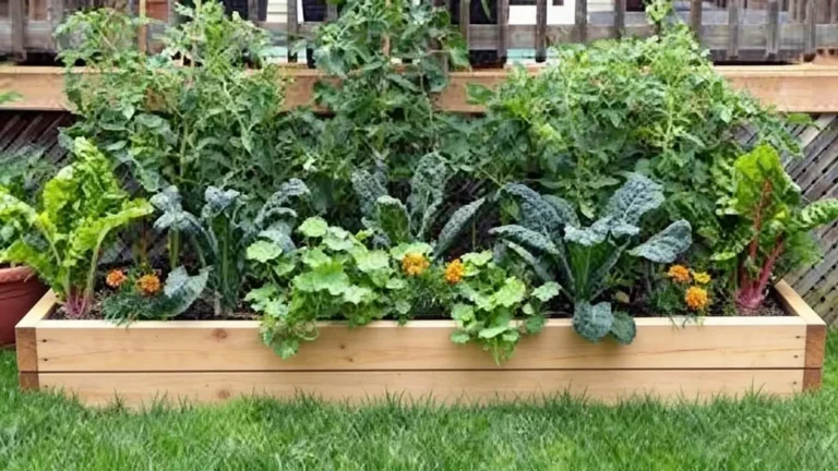 A wooden raised garden bed filled with kale, tomatoes, Swiss chard, and marigolds growing in a backyard