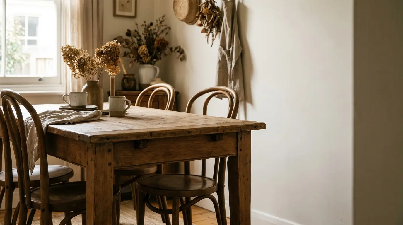 Rustic wooden dining table with dried flowers in a vase in a cozy, sunlit room