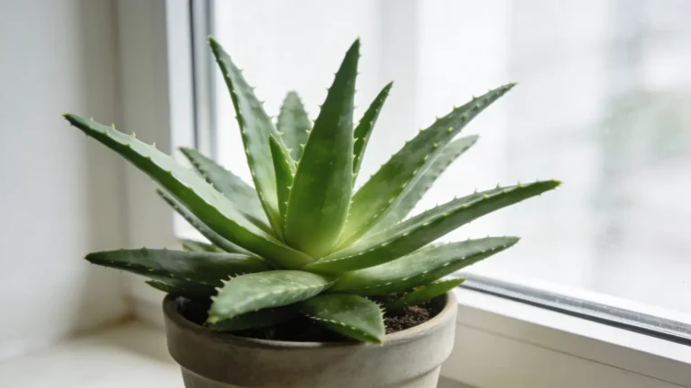Aloe vera plant with thick green leaves in a pot near a bright window