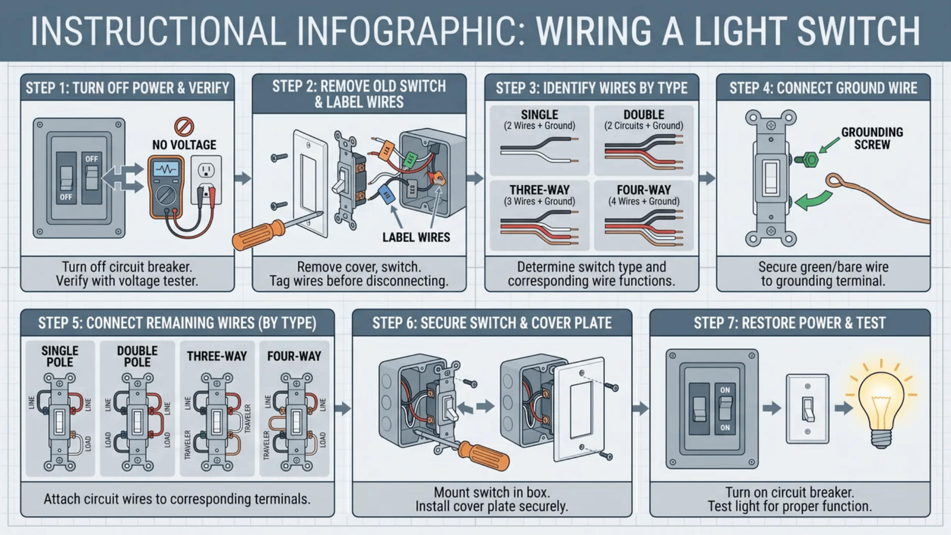 An infographic showing detailed, step-by-step instructions for wiring single, double, three-way, and four-way light switches, with visuals for each step.