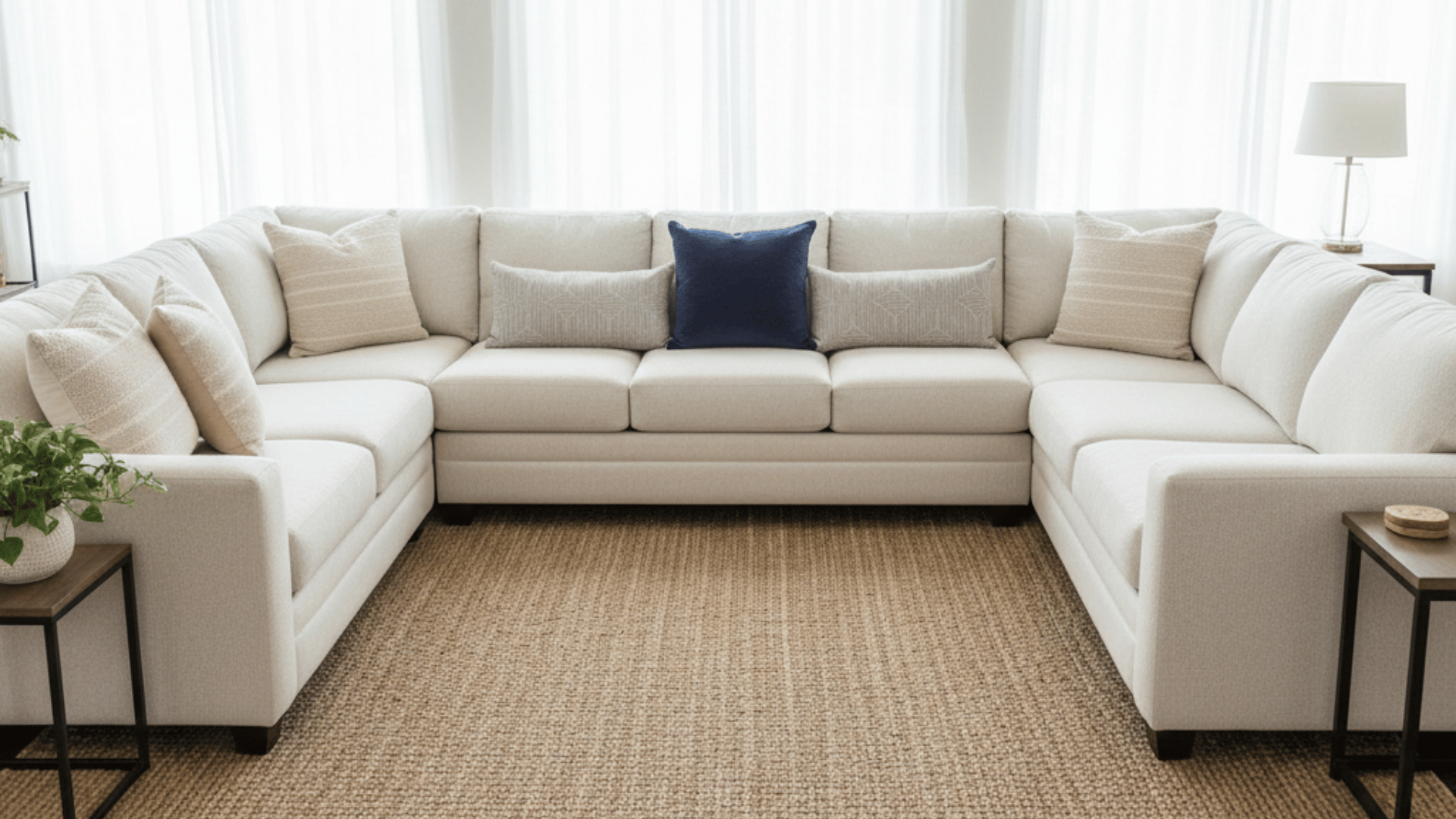 an off-white u-shaped sectional sofa with five neutral and navy pillows on a jute rug in a bright, airy living room.