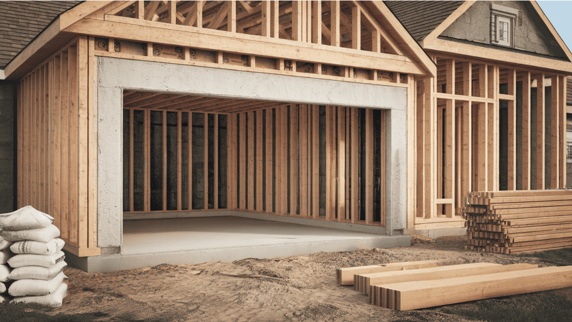 an uncompleted garage with wooden beams and concrete walls