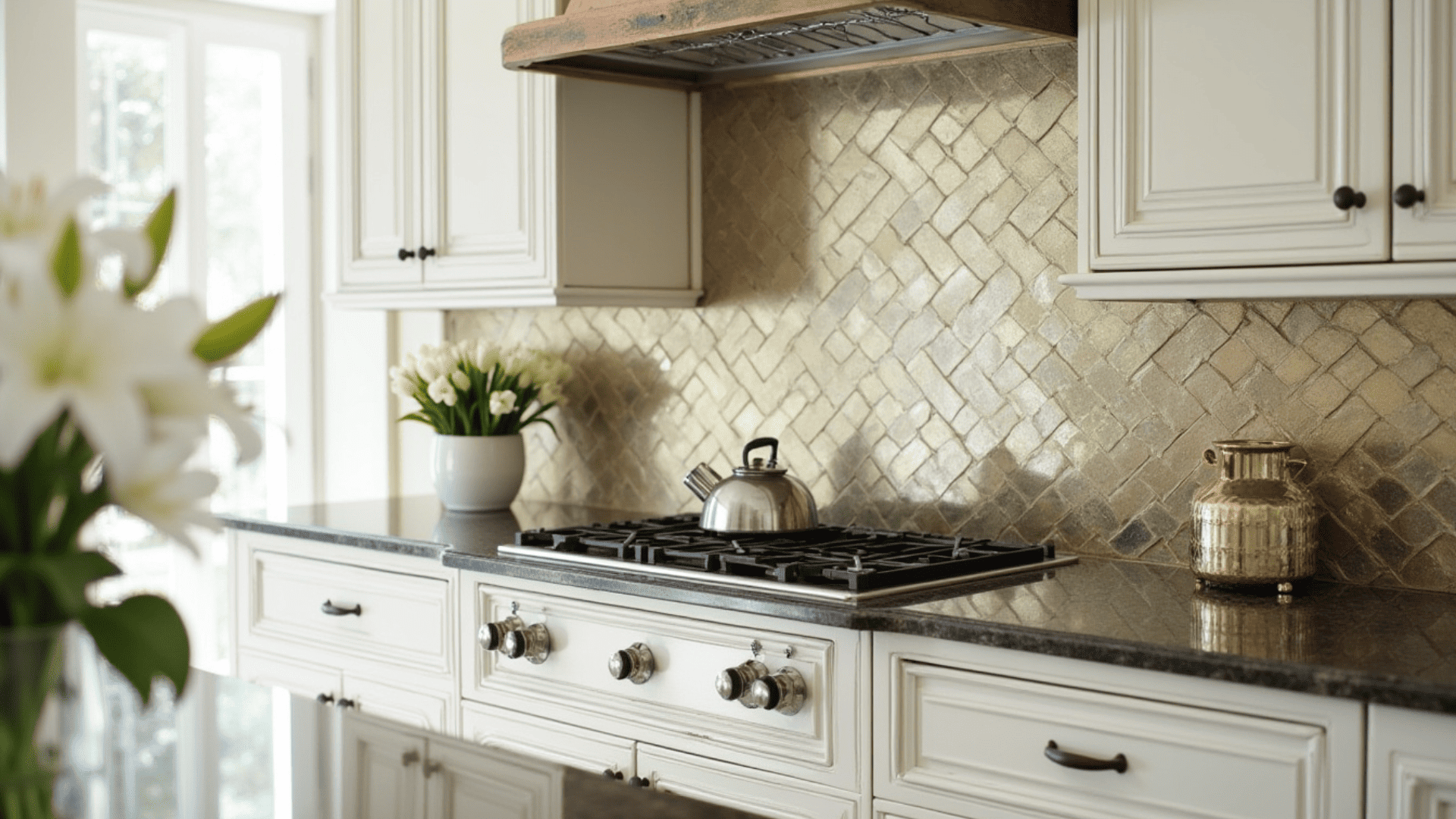 antique mirror tile backsplash with aged mottled finish adding vintage glamour in a kitchen with dark granite