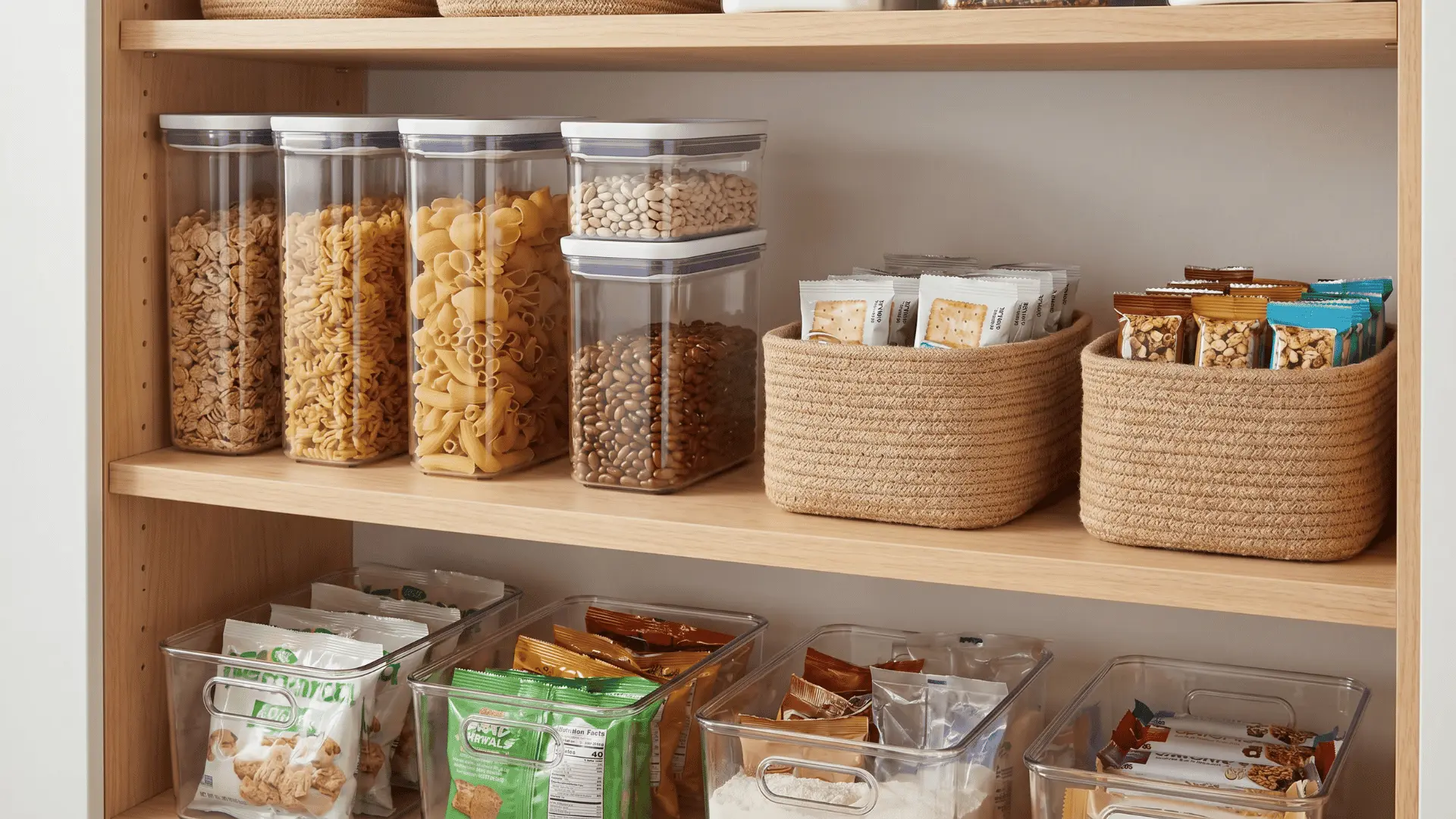 Assorted pantry containers holding cereal, pasta, and snack packets arranged on a shelf