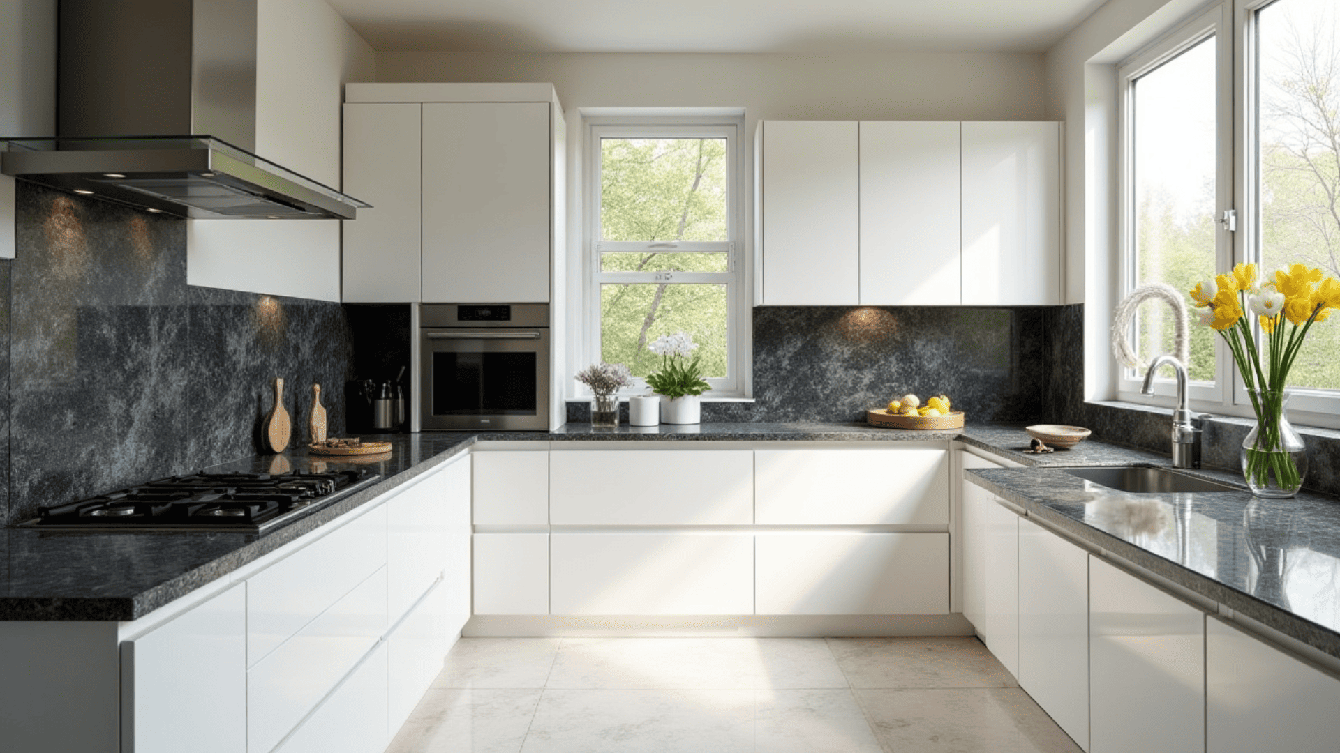 backsplash ideas for white cabinets and granite countertops featuring a bright modern kitchen with tile wall design