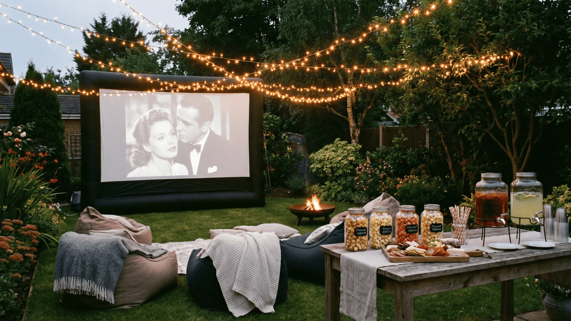 Backyard cinema setup with inflatable screen, string lights overhead, bean bag seating, and popcorn snack station.
