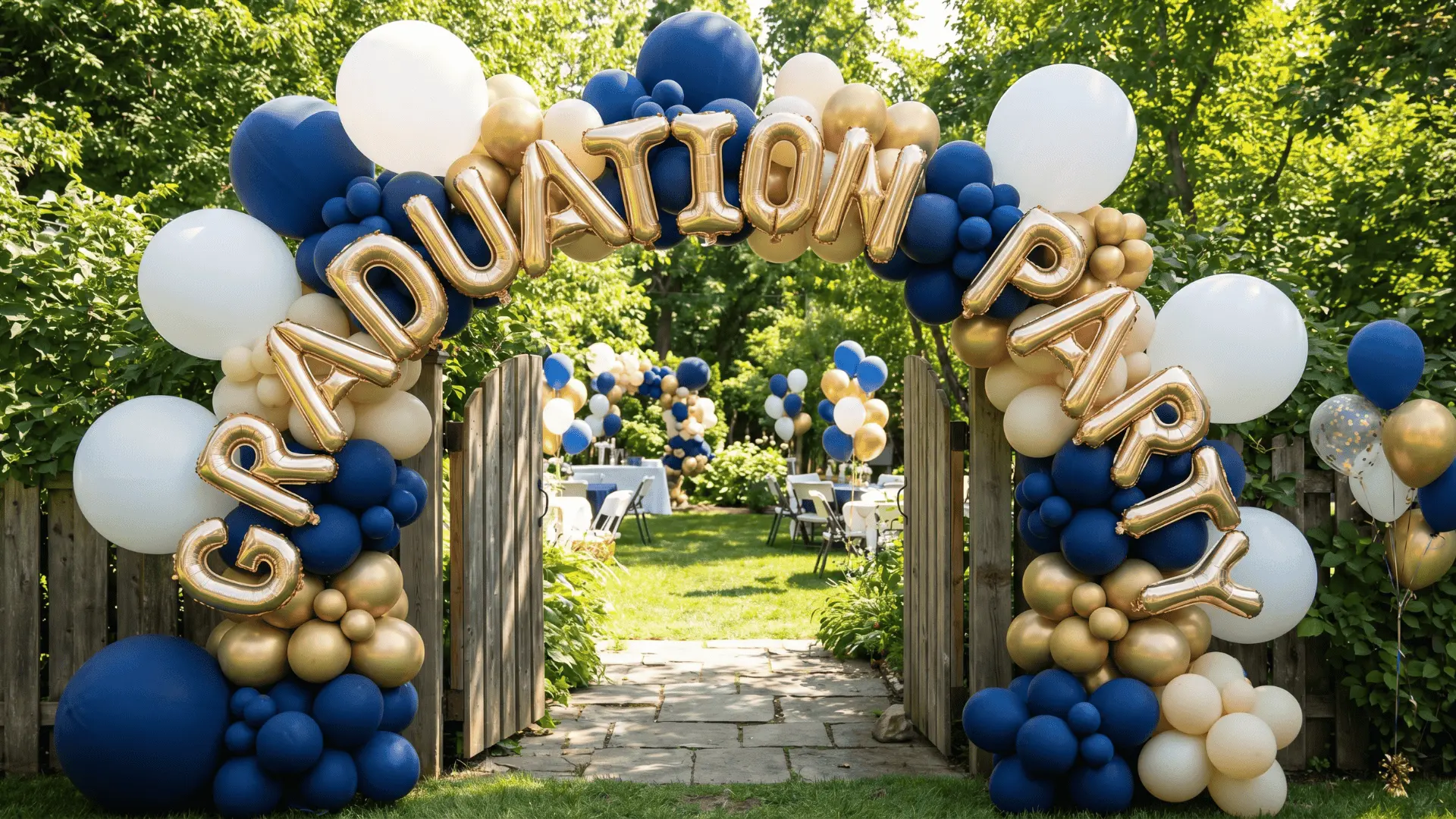 Backyard entrance balloon arch with matte, metallic, and oversized balloons in coordinated colors.