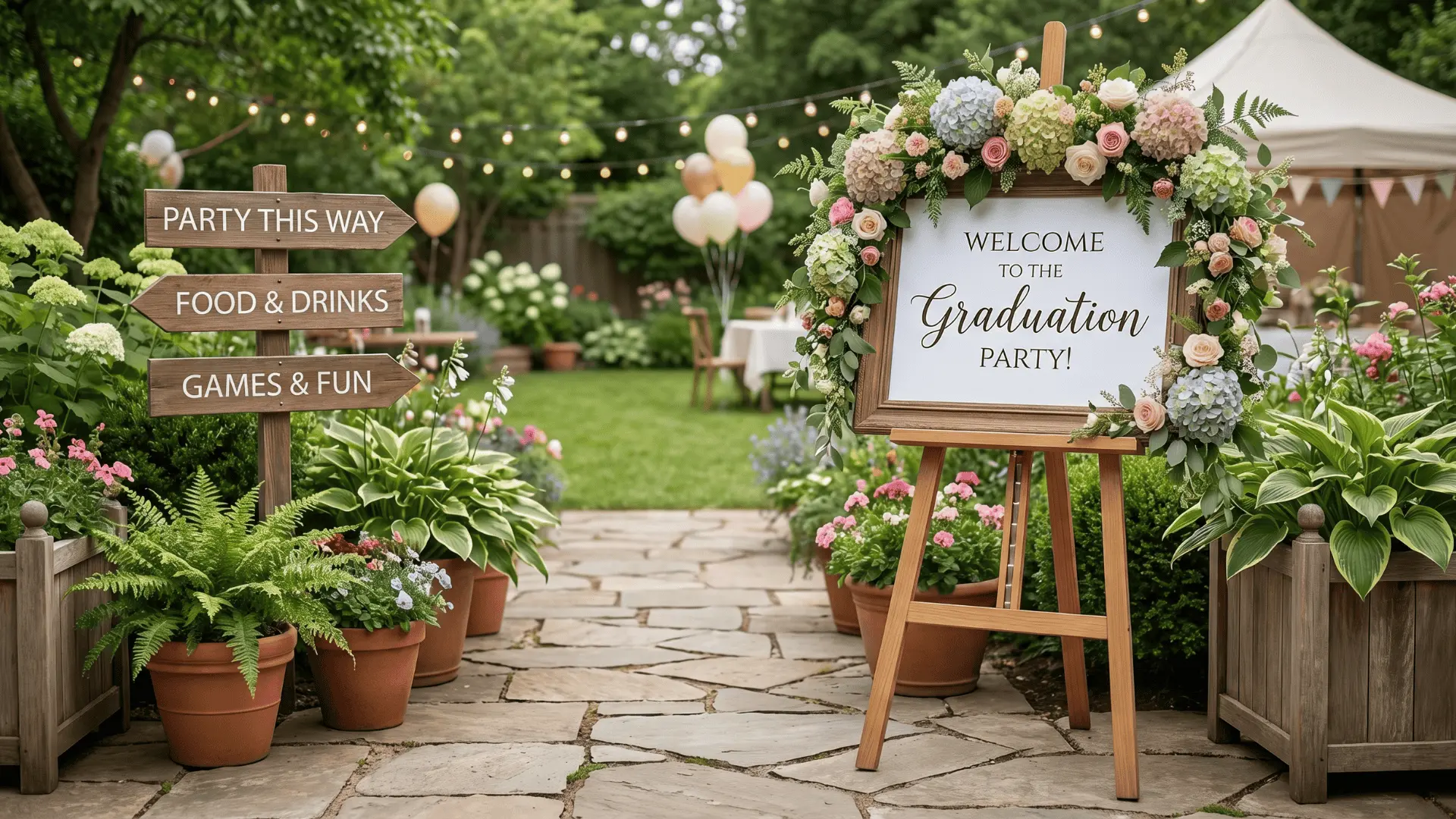 Backyard entrance with flower-framed welcome sign, directional signs, and potted plants along pathway.