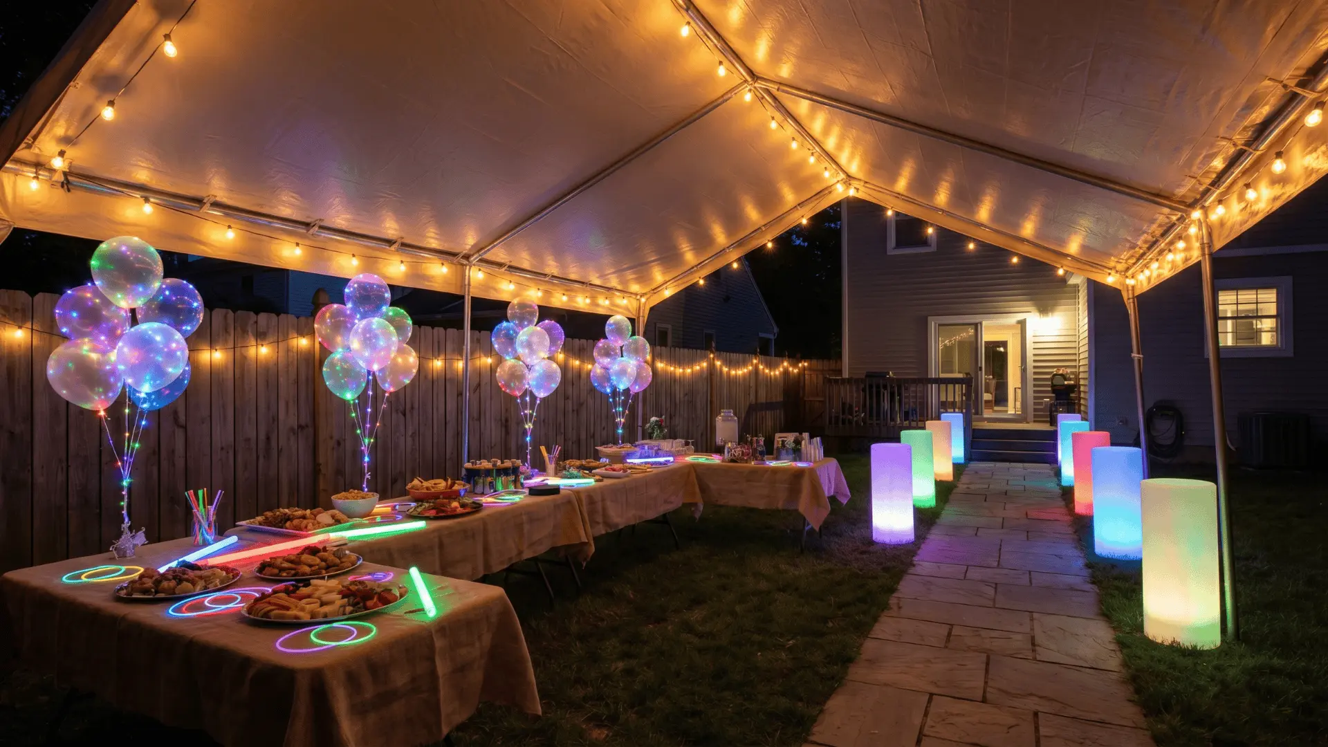 Backyard evening party setup with glow sticks on tables, LED balloons, and color-changing lights along fence.