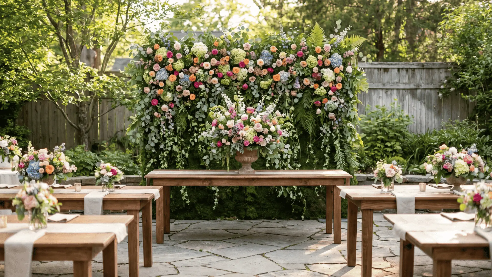 Backyard floral wall with seasonal blooms, ivy, eucalyptus, and ferns beside a large table arrangement.