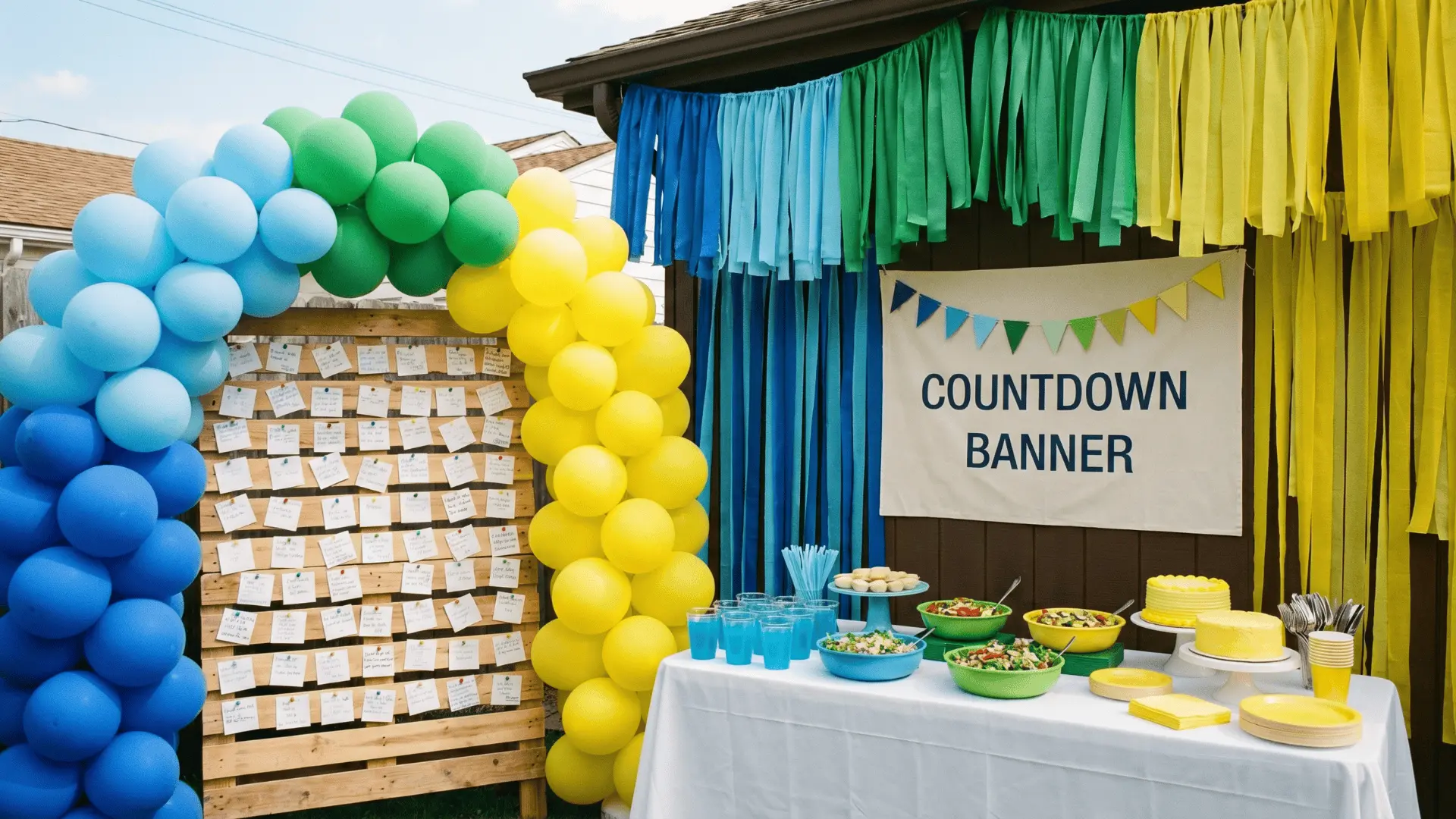 _Backyard party setup with color-matched balloon arches, banners, memory wall with notes, and coordinated food table.