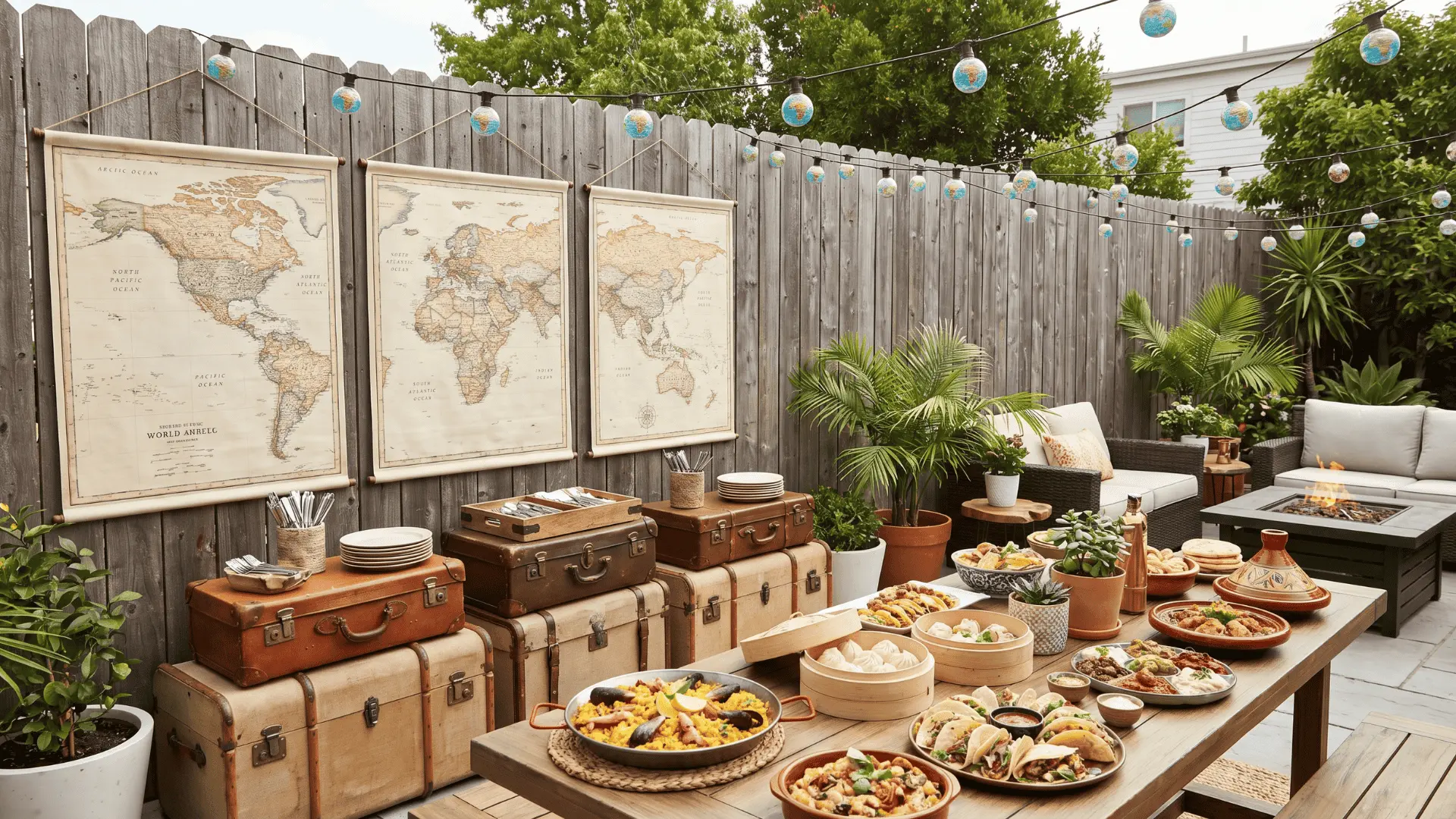 Backyard party setup with world maps on wall, vintage suitcases as serving stations, and global food spread table.