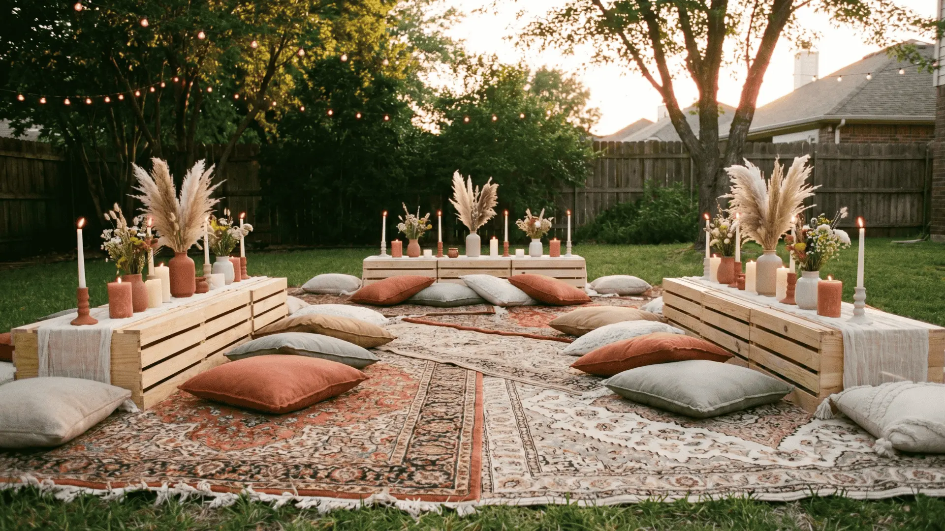 Backyard picnic setup with patterned rugs, floor cushions, pampas grass centerpieces, and wooden crate tables.