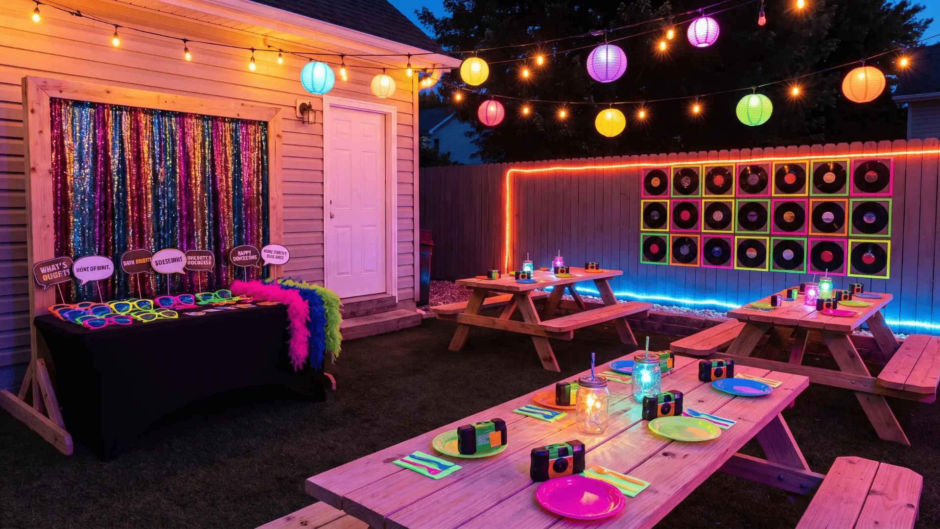 Backyard retro party setup with neon decor, Polaroid photo booth, retro props, and disposable cameras on tables.