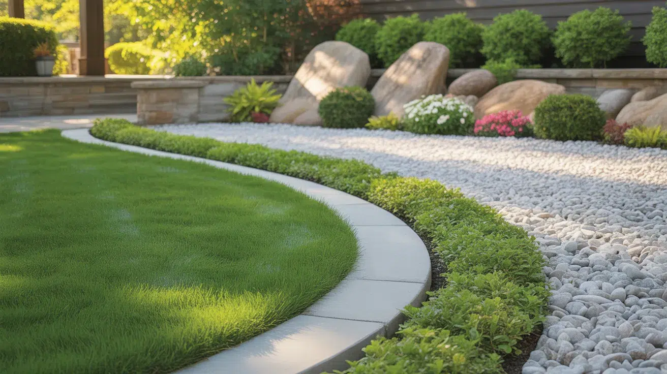 Backyard rock garden with gravel border and curved green lawn edging
