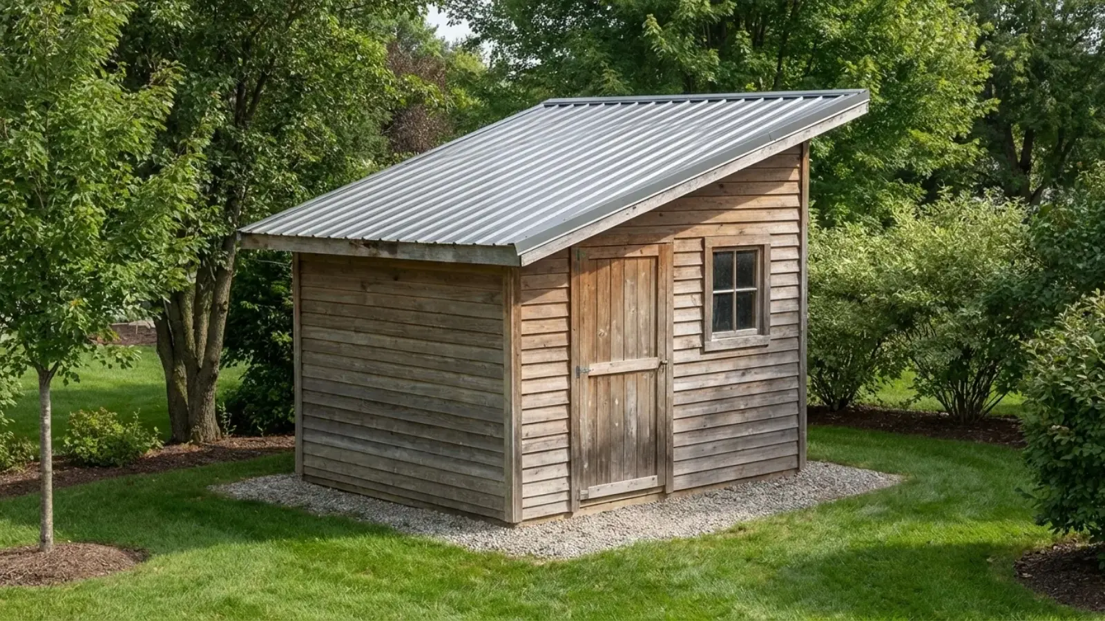 Backyard shed with a single sloped lean-to roof and metal panels