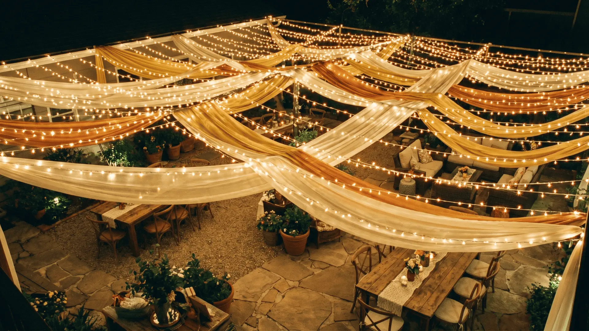 Backyard string light canopy with criss-crossed warm white and gold bulbs and fabric draping overhead.