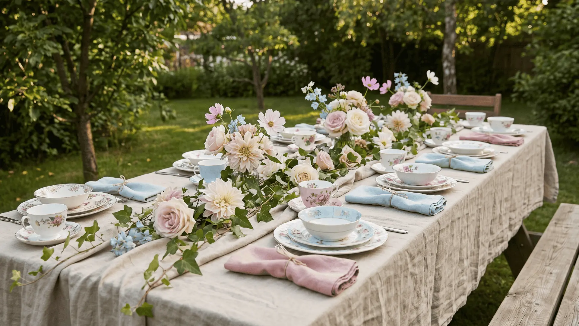 Backyard table with fresh seasonal blooms, trailing ivy, linen tablecloth, and mismatched vintage crockery.