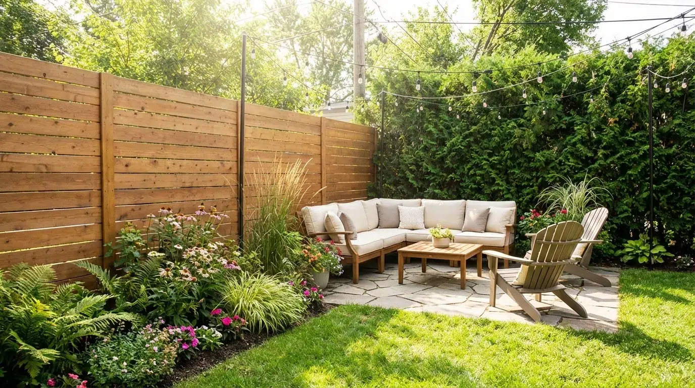 Backyard with wooden privacy fence and green hedge border