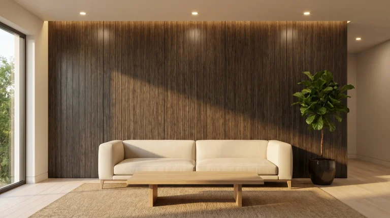 Cream sofa and wooden coffee table against dark wood panel wall in modern living room
