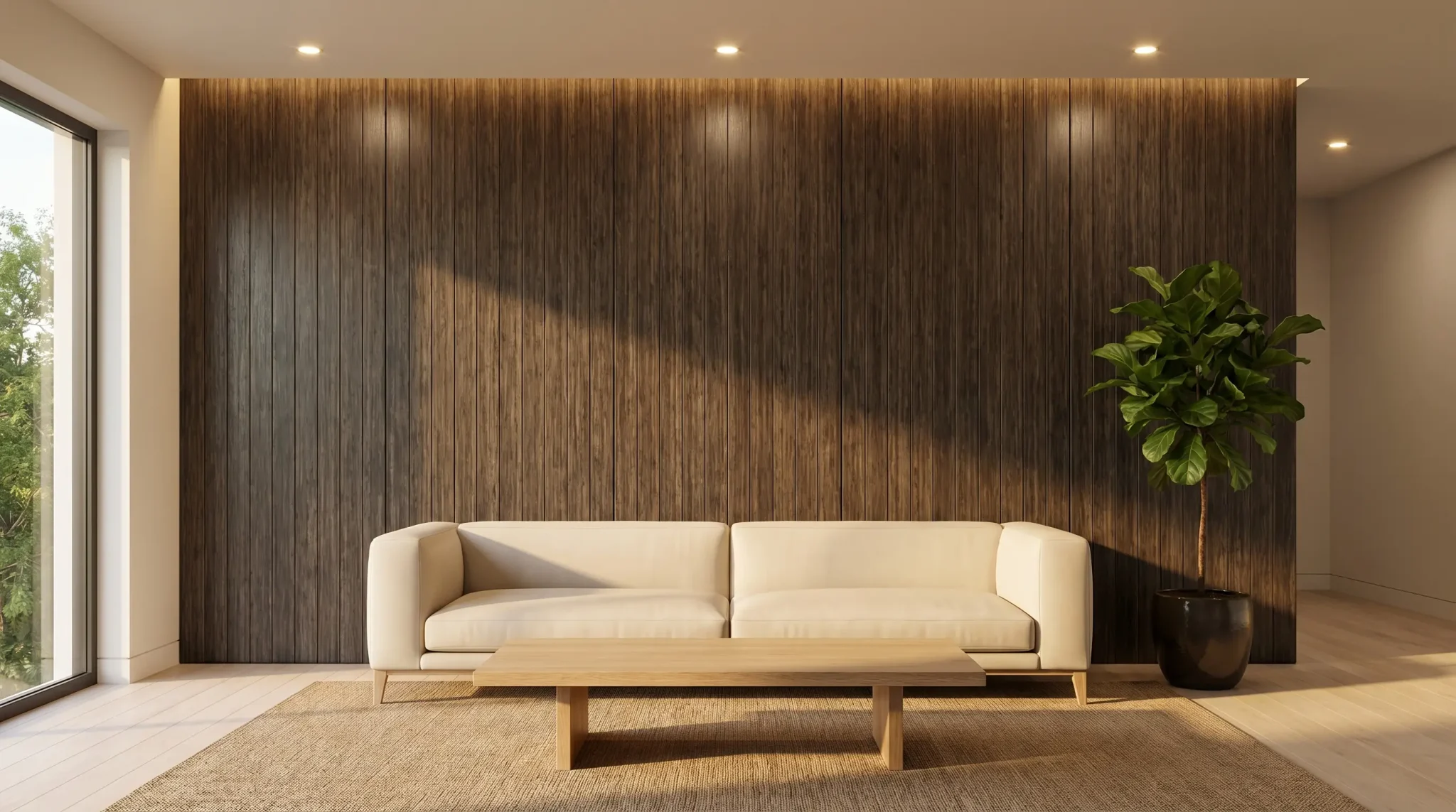 Cream sofa and wooden coffee table against dark wood panel wall in modern living room