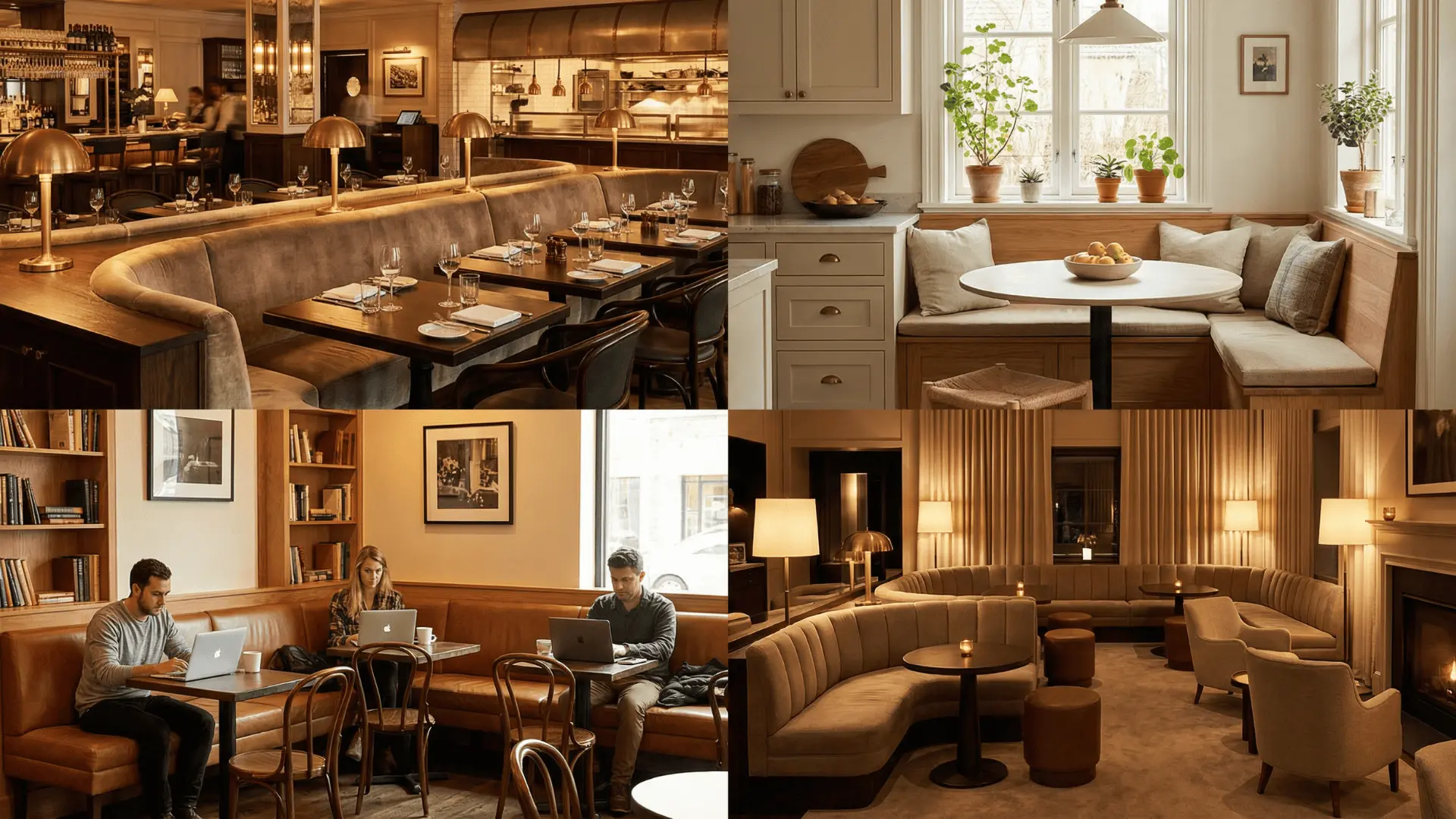 Banquette seating shown in a restaurant, kitchen, café, and hotel lounge