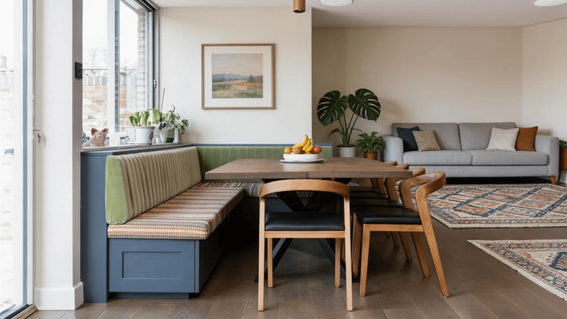 Banquette seating with a wooden table and chairs in a bright dining area next to a living room with sofa and plants