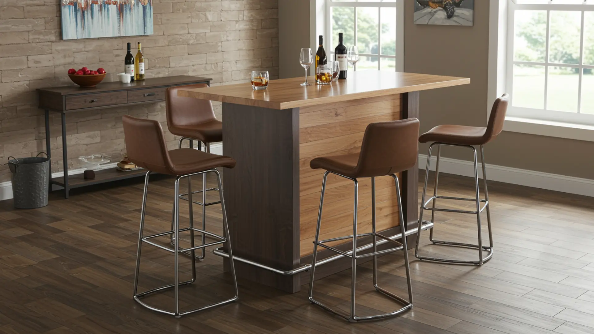 Bar height table with high stools showing elevated seating setup