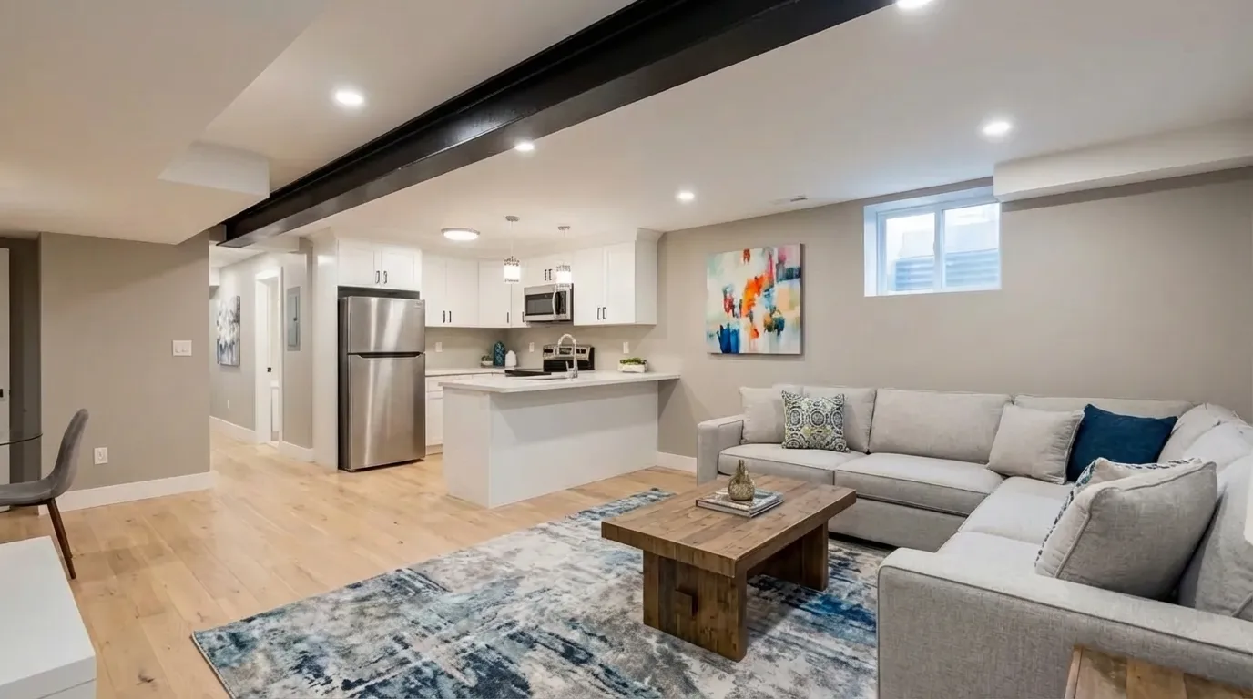 Basement apartment with open kitchen, gray sectional, wood floors, and egress window