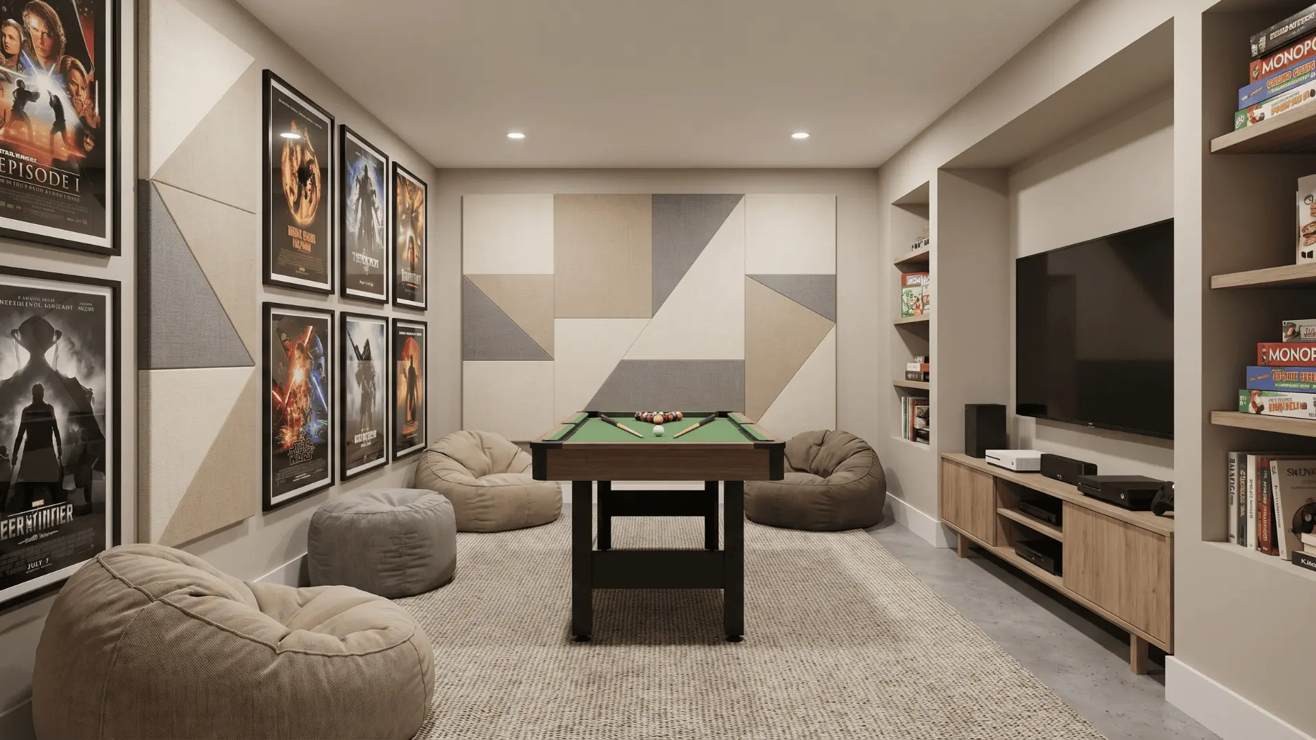 _Basement game room with open floor space, billiards table, and media console along the wall