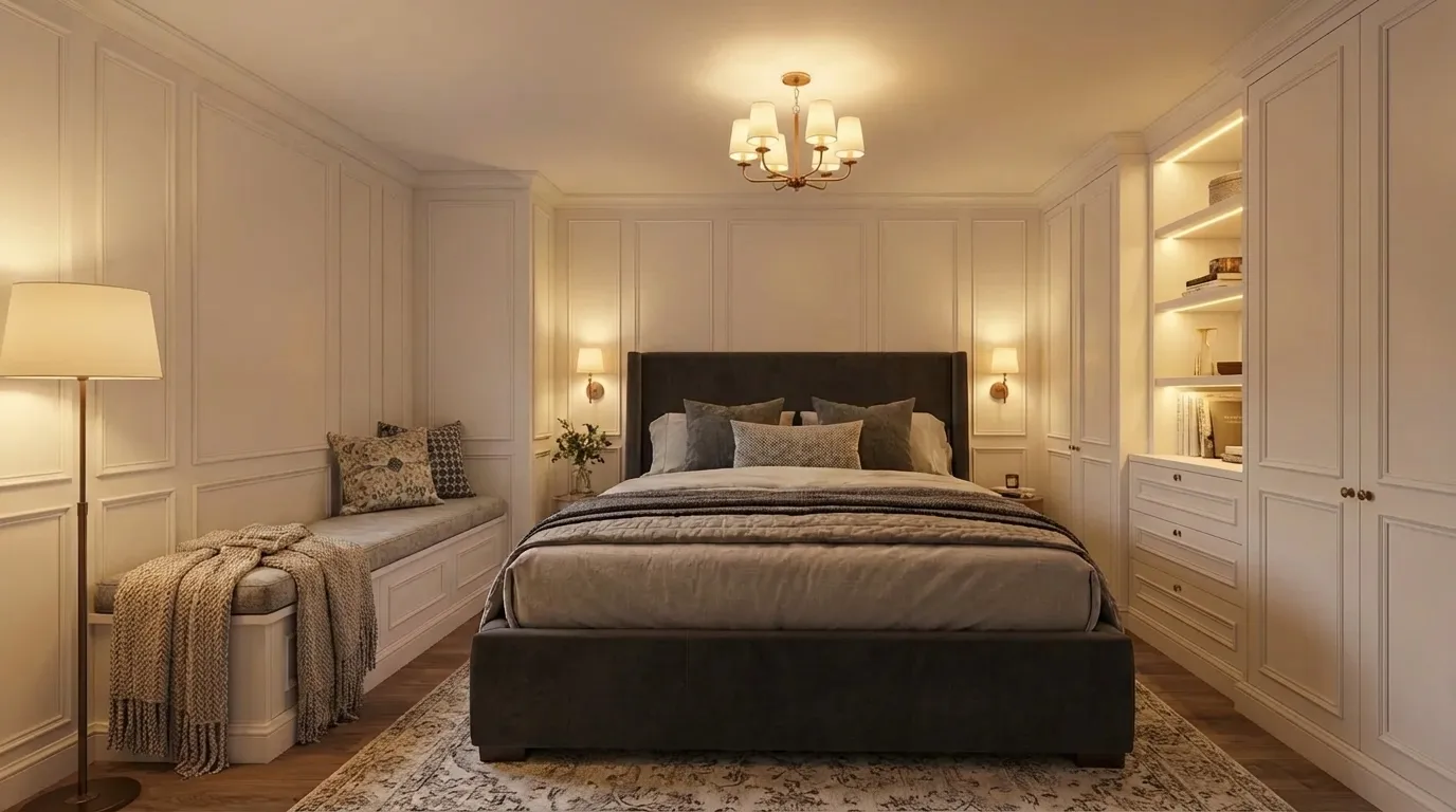Basement guest suite with upholstered bed, built-in storage, reading lights, and soft lighting