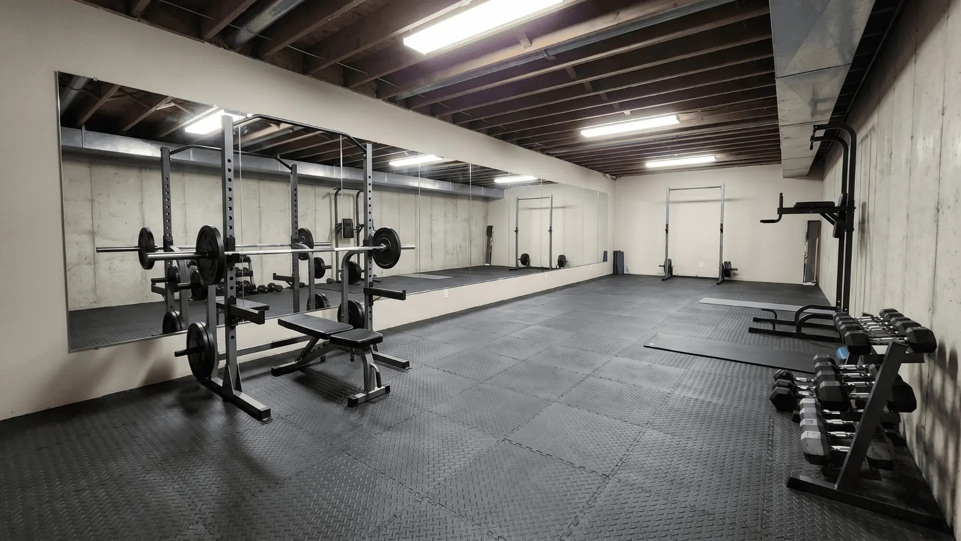 Basement gym with rubber flooring, wall-mounted mirrors, and basic exercise equipment