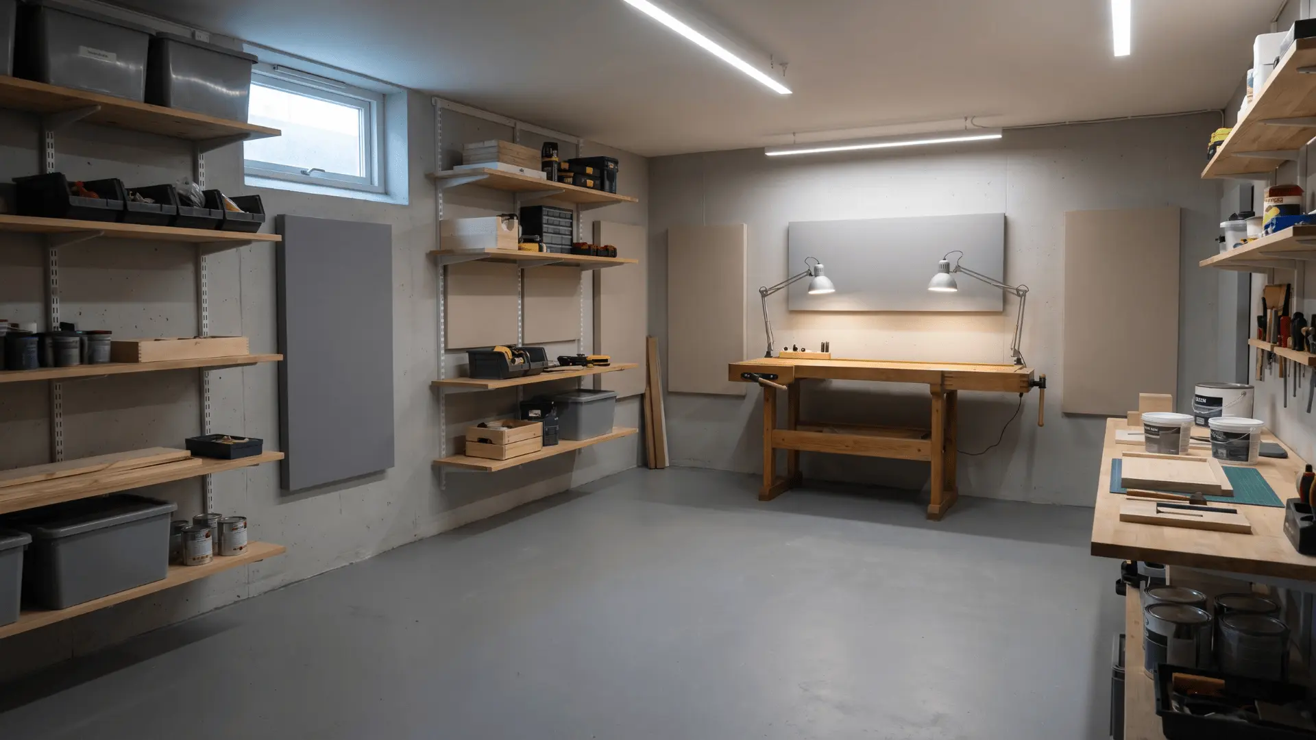 Basement hobby room with workbench, task lighting, wall shelving, and acoustic panels