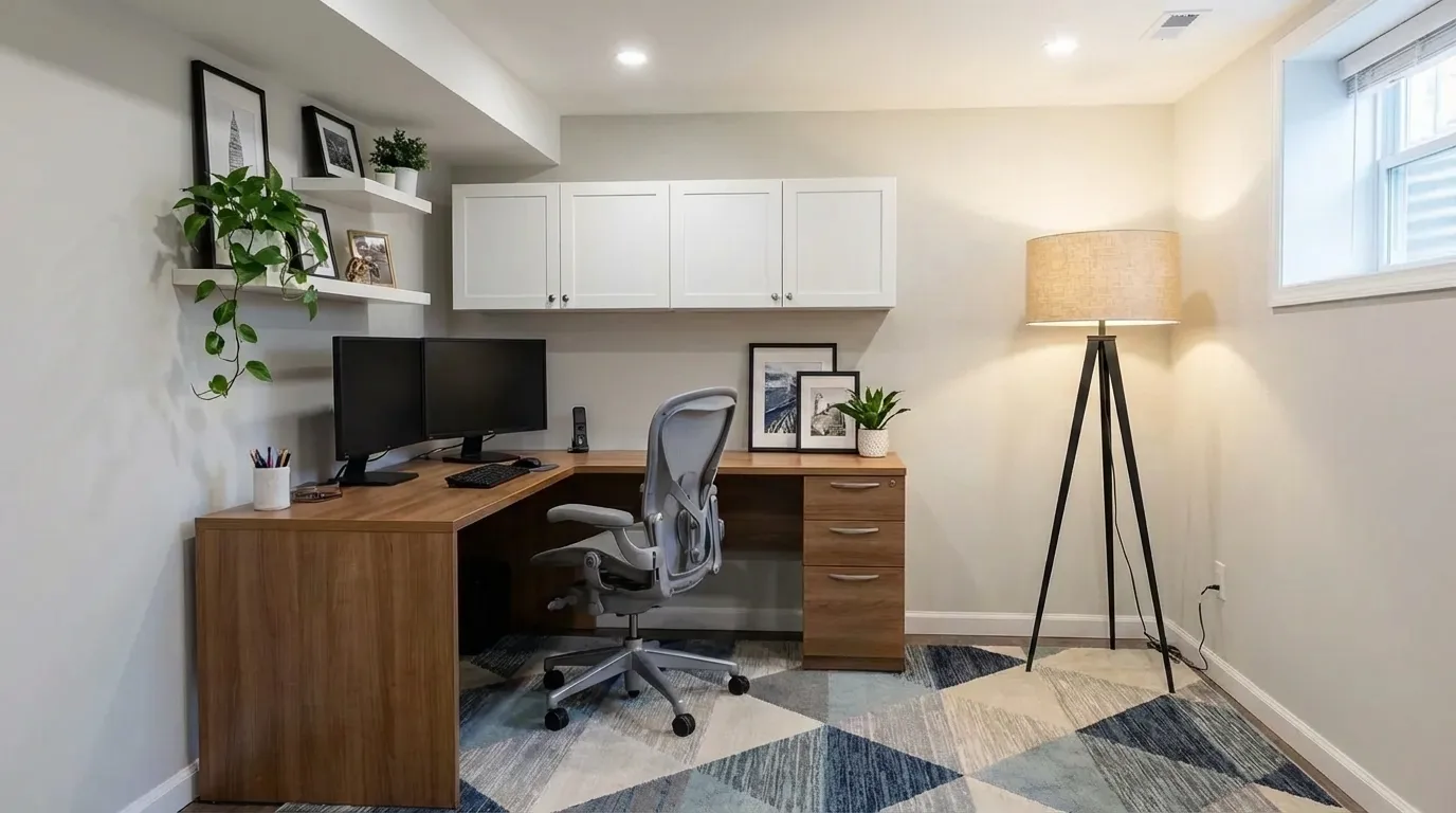 Basement home office with wood desk, ergonomic chair, dual monitors, and white wall cabinets