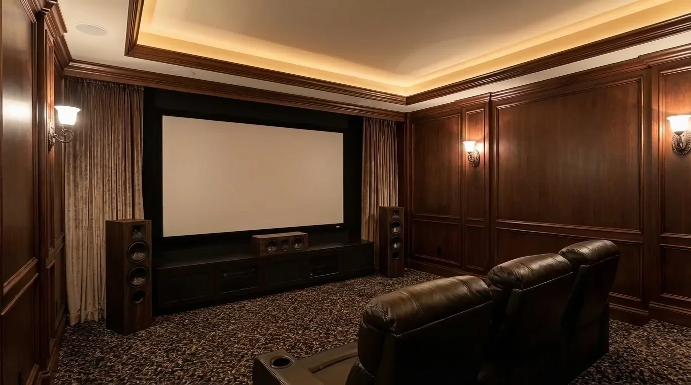 Basement home theater with leather seats, big screen, speakers, and dark wood panels.