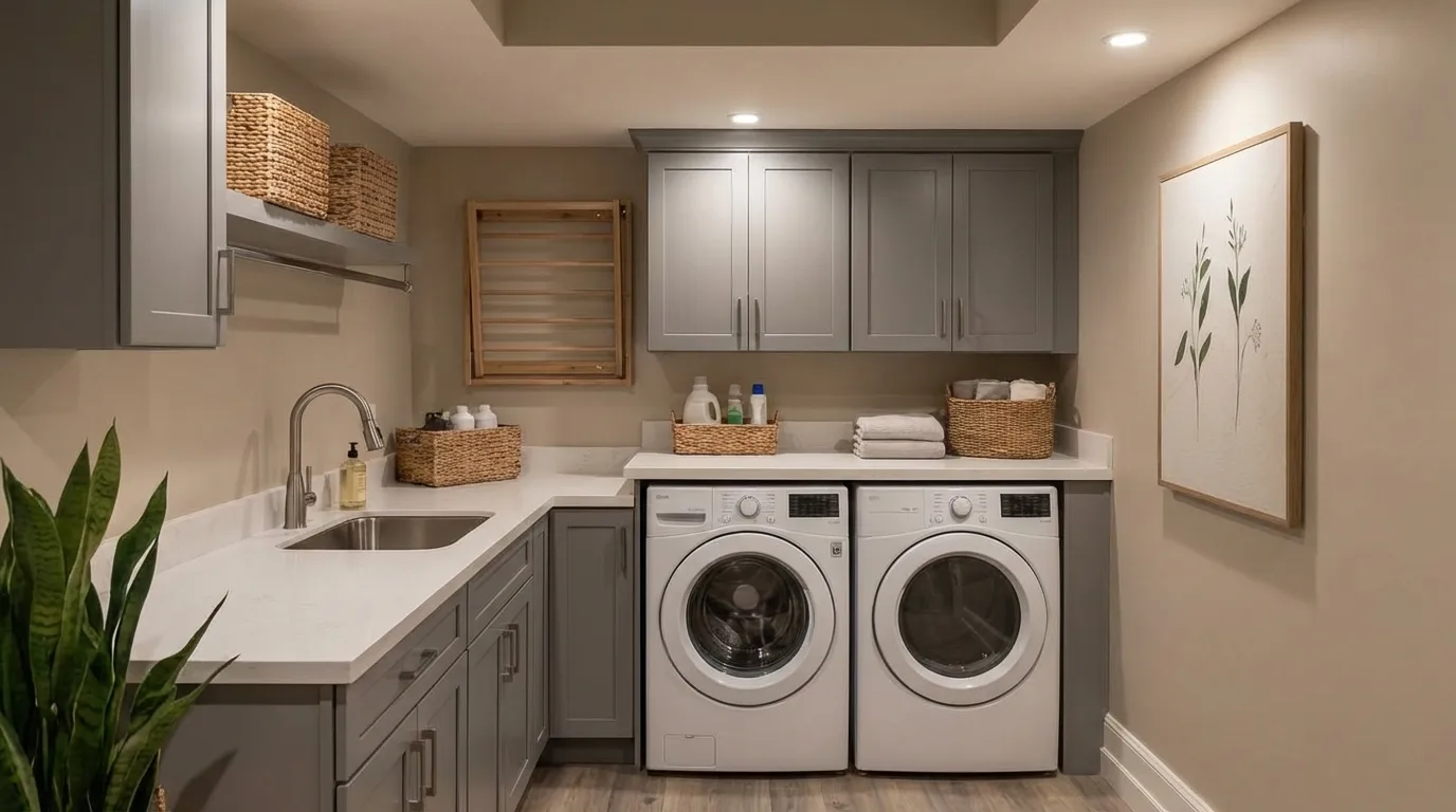 Basement laundry room with washer, dryer, gray cabinets, utility sink, and drying rack