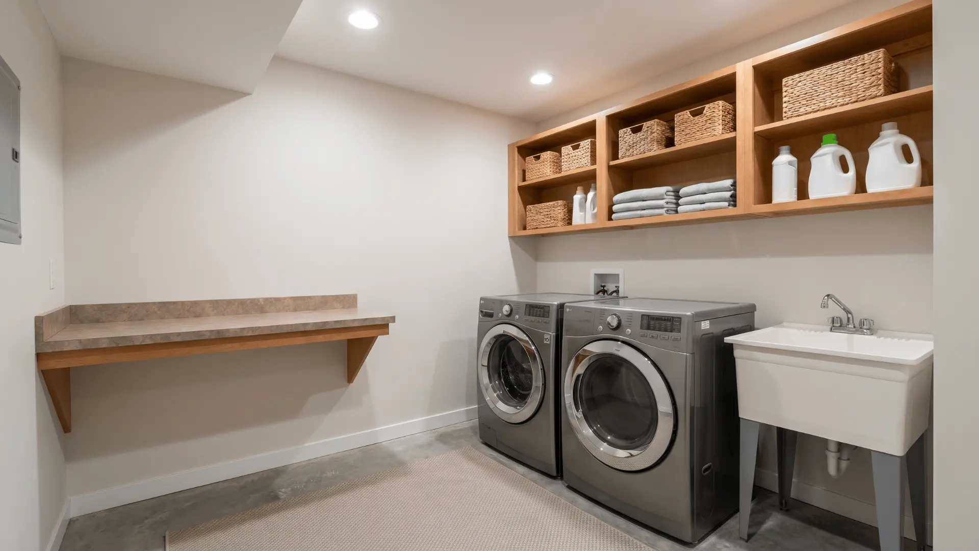 Basement laundry room with washer, dryer, wall shelving, utility sink, and folding counter