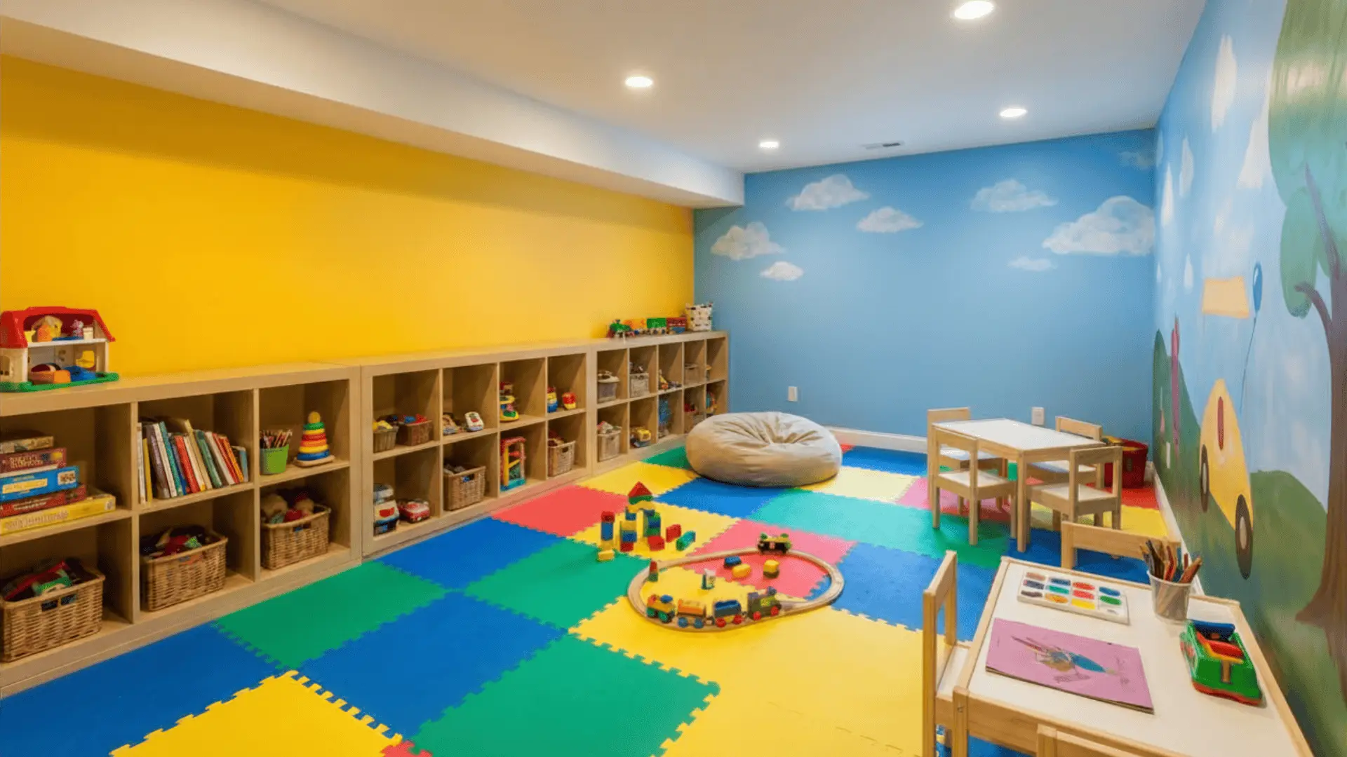 _Basement playroom with foam tile flooring, bright walls, and low cubbies along one wall