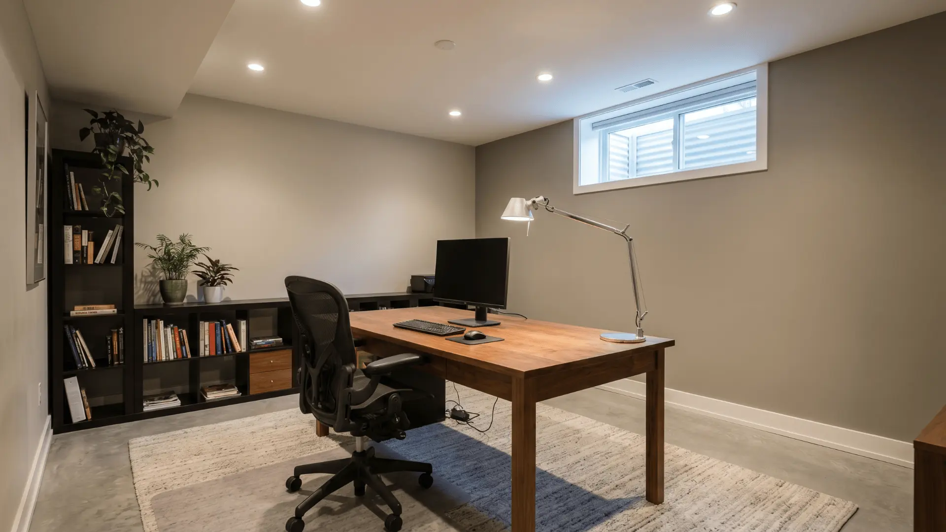 Basement room set up as a home office with desk, task lighting, and a small window