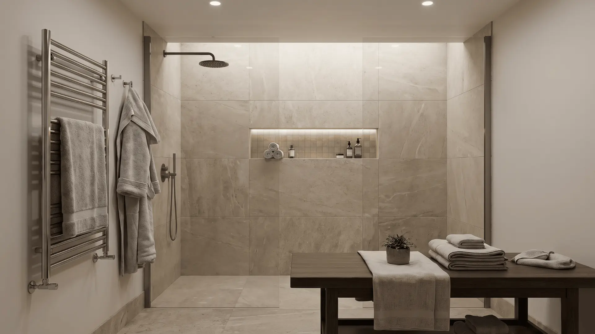 Basement spa bathroom with rainfall shower, floor-to-ceiling tile, frameless glass enclosure, and heated towel rail  H3 Custom Wine Cellar or Tasting Room Image Prompt A basement wine cellar with