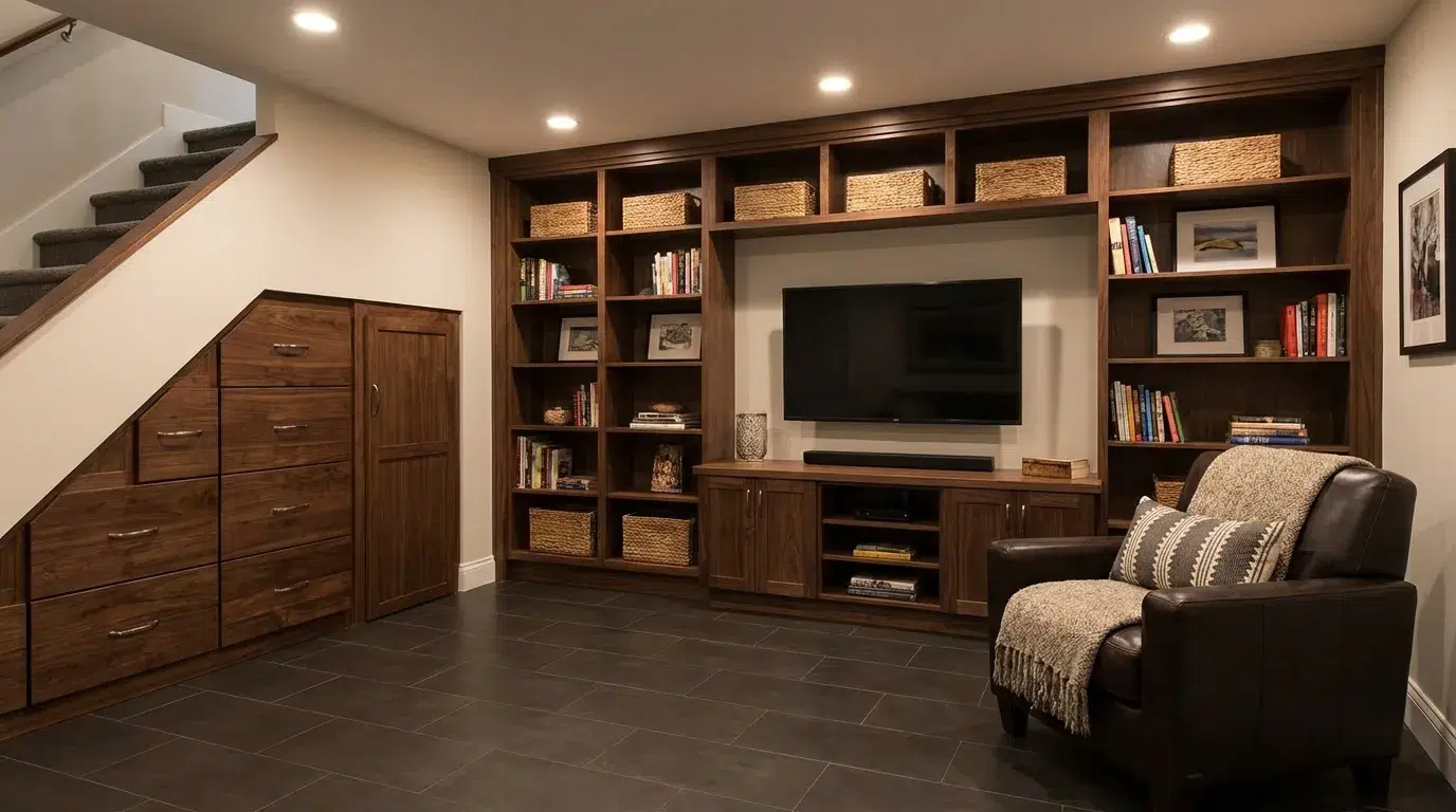 Basement storage layout with dark wood shelving, under-stair drawers, and TV console storage