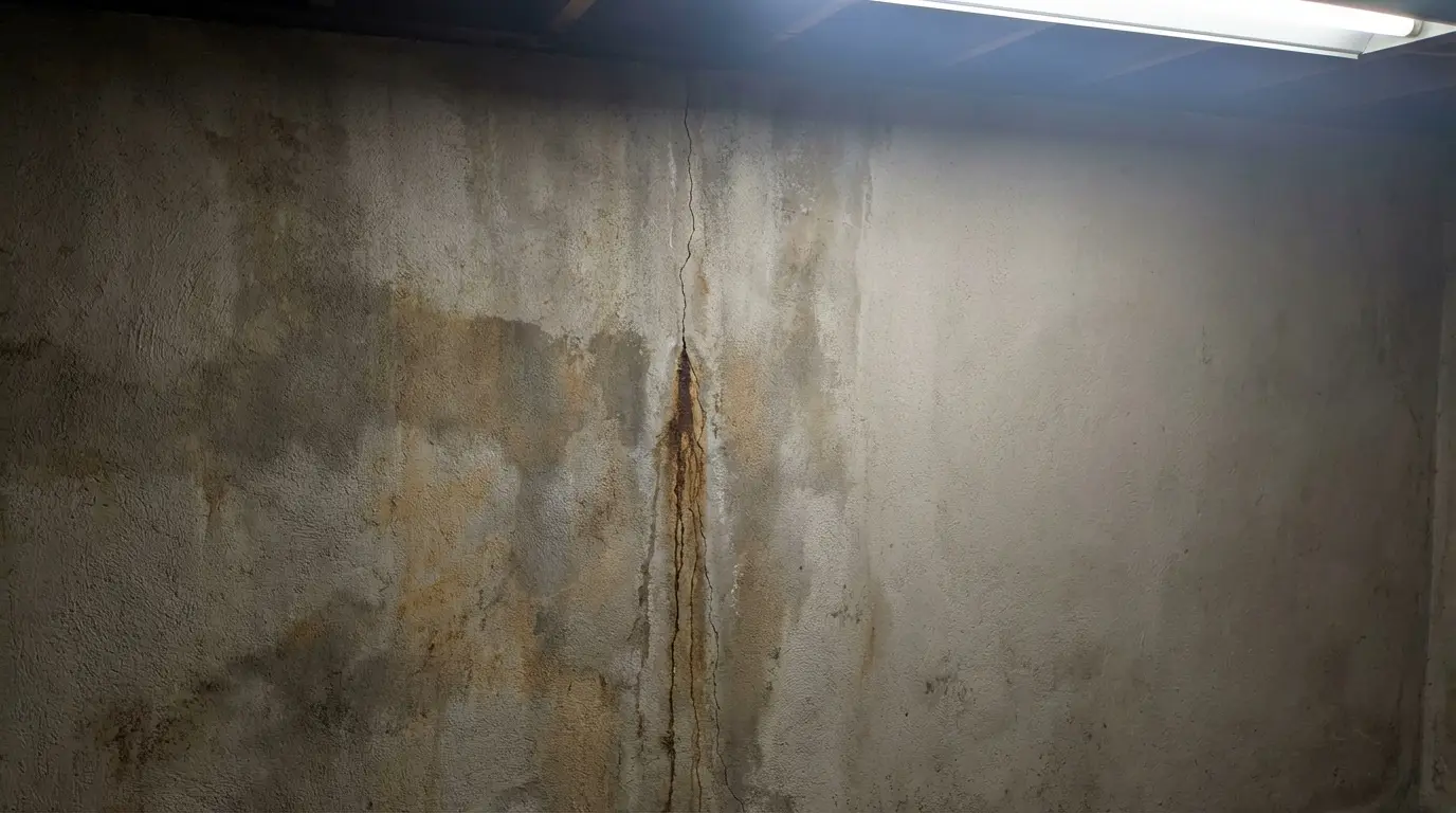 Cracked concrete wall with visible water damage stain in dimly lit basement setting