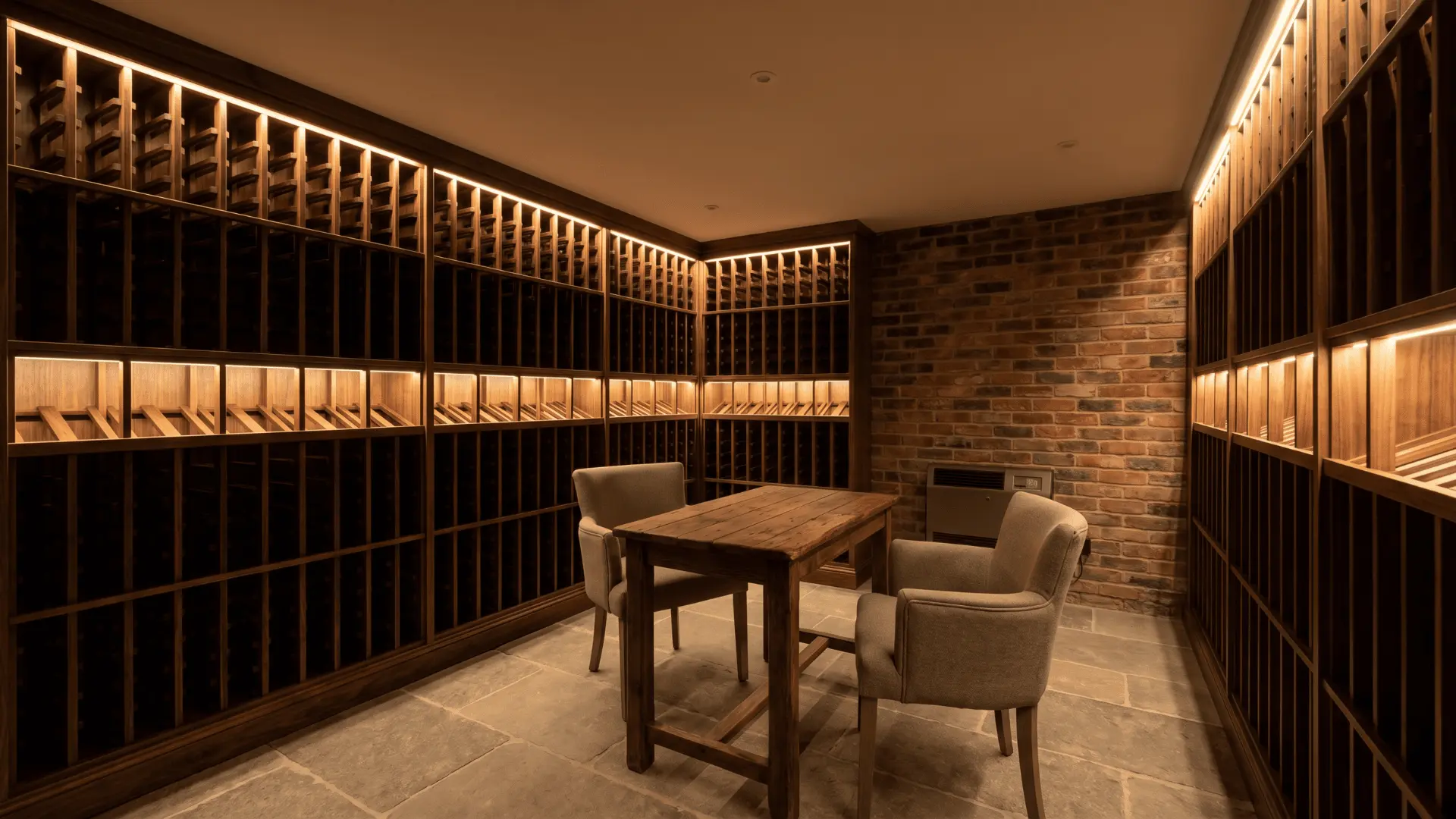 Basement wine cellar with floor-to-ceiling wood bottle racking, LED shelf lighting, and central tasting table with chairs